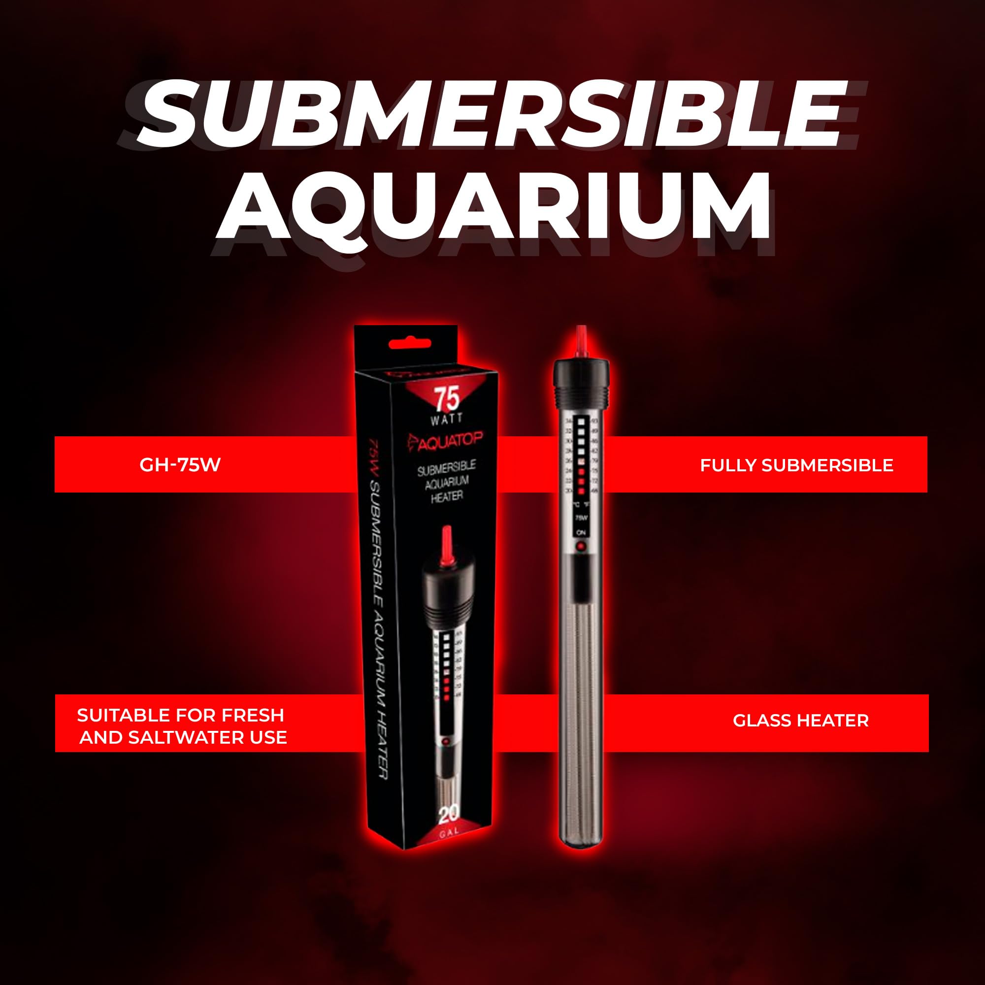 Aquatop Aquatic Supplies Submersible Glass Aquarium Heater 75 Watt