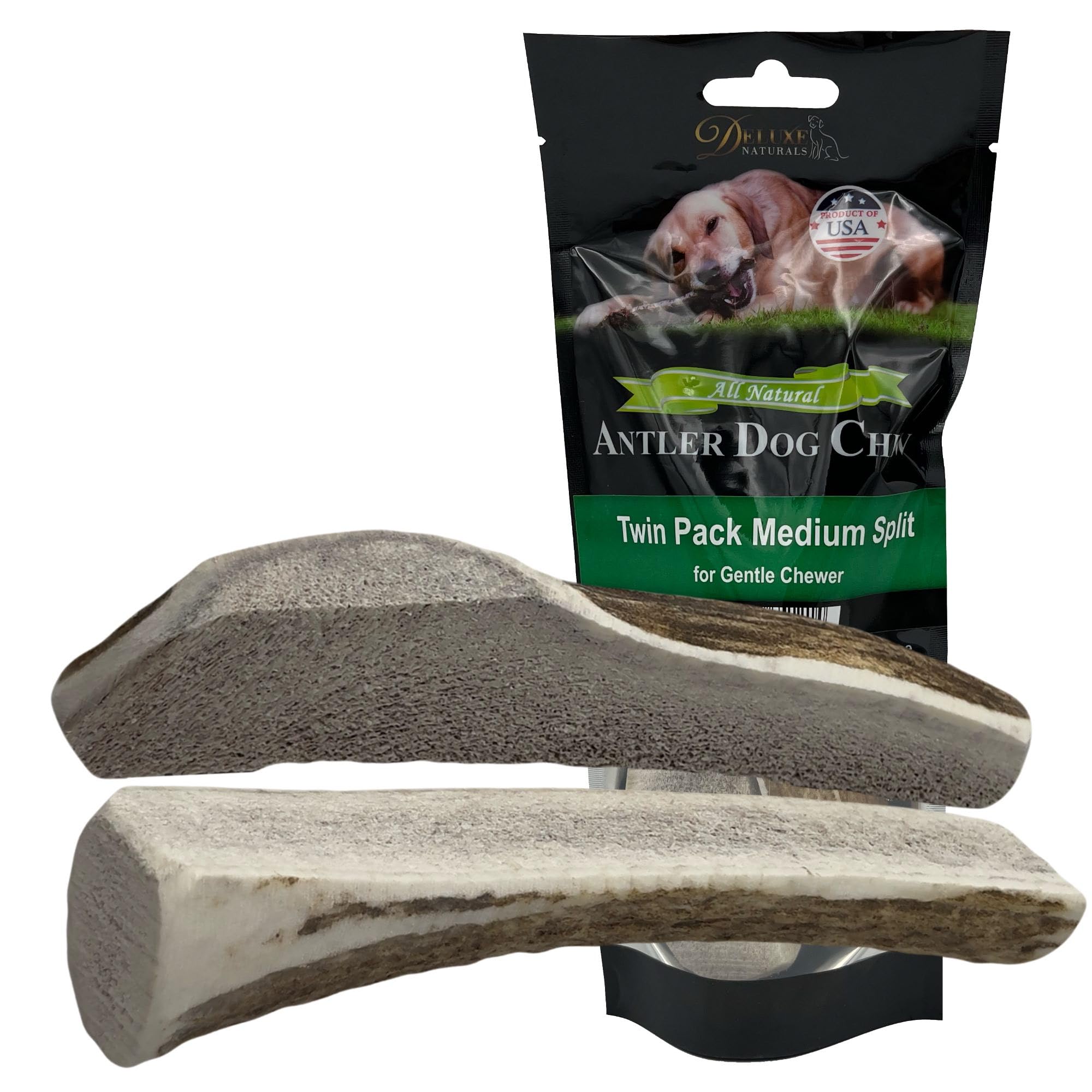 Deluxe Naturals 2-Pack Medium Split Elk Antler Dog Chews (5.5 to 7+ in) - All Natural, Premium Grade A, Odor-Free, USA-Sourced -