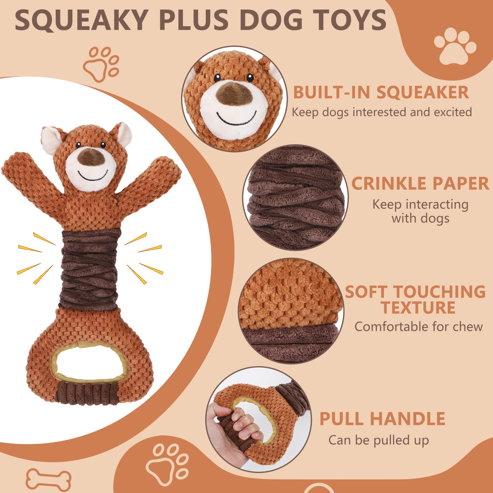 Letsmeet Squeaky Dog Toys - Plush Tug Of War With Crinkle Paper, Interactive Pull Toy For Puppies To Large Dogs