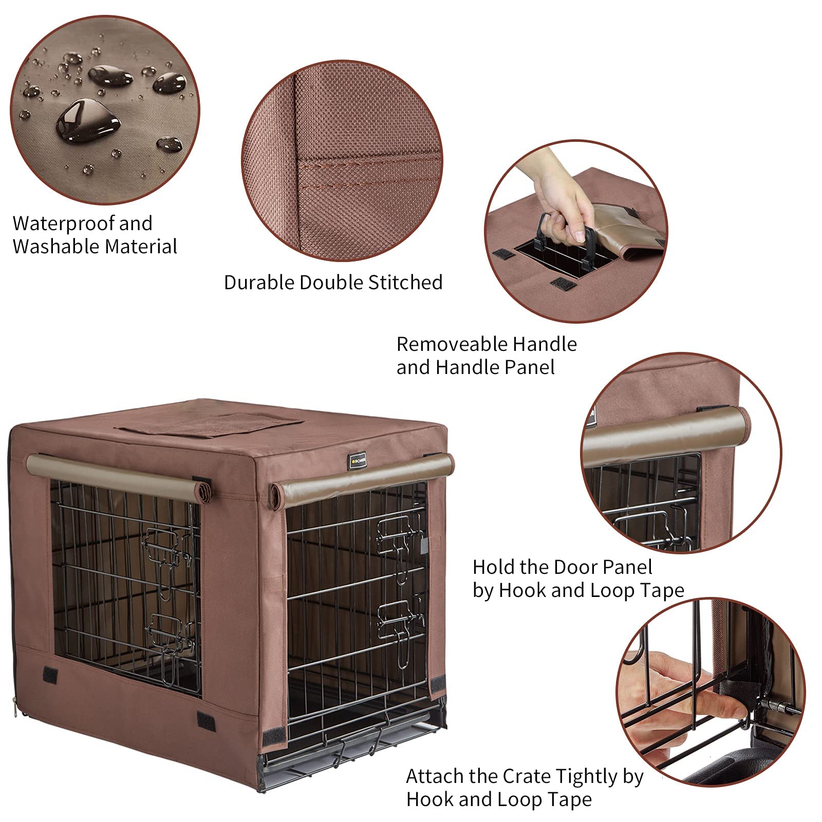 DONORO Dog Crate Kit for Small Dogs, 36"x23"x25", Collapsible Metal, Brown, Double Door with Cover for Indoor Use