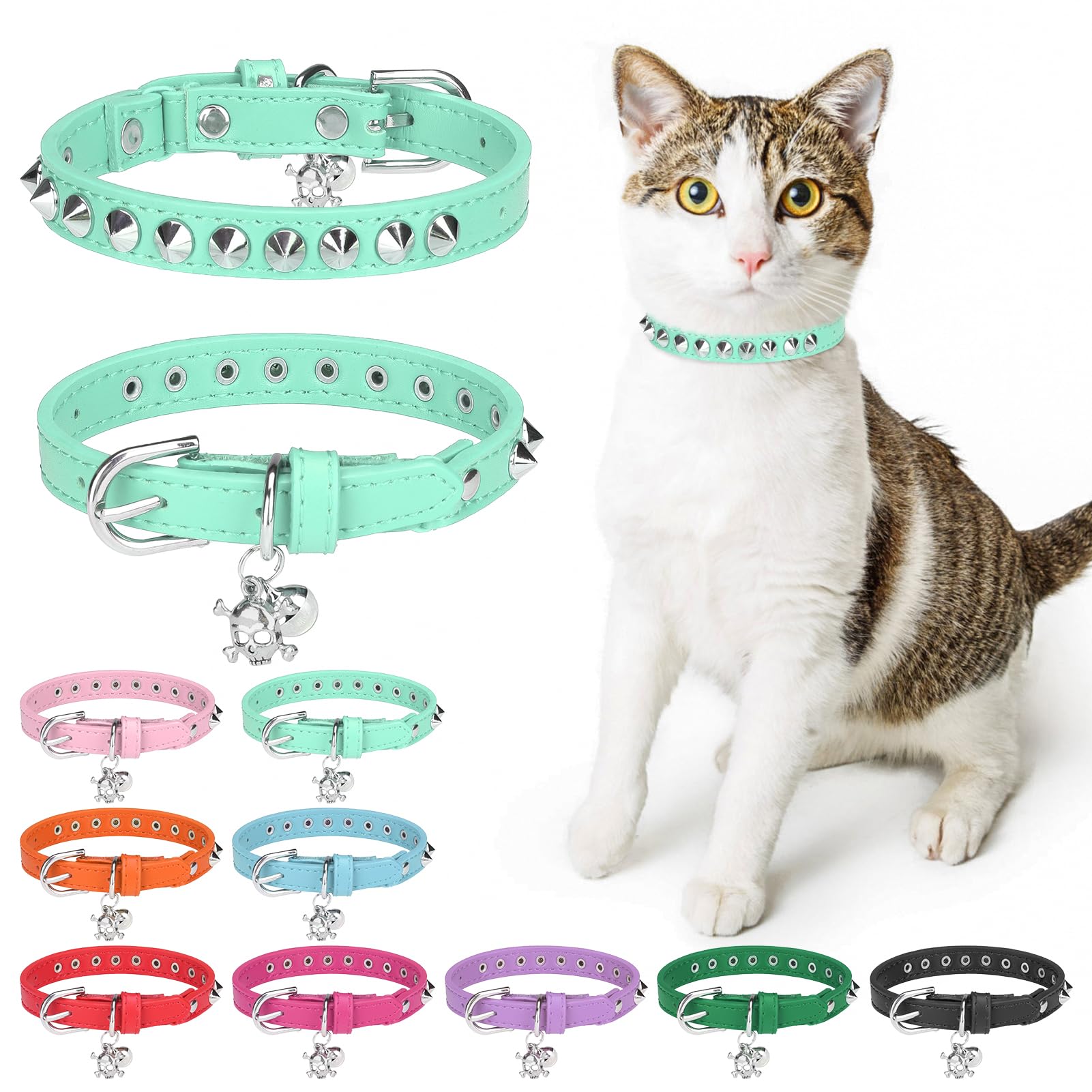 Dillybud Leather Cat Collars For Boy Girl Cats With Bell And Safety Elastic Belt, Personalized Rivets Stud Adjustable Safe Buckle Collar With Skull Charm For Kitty Small Pets, Halloween Cat Collar