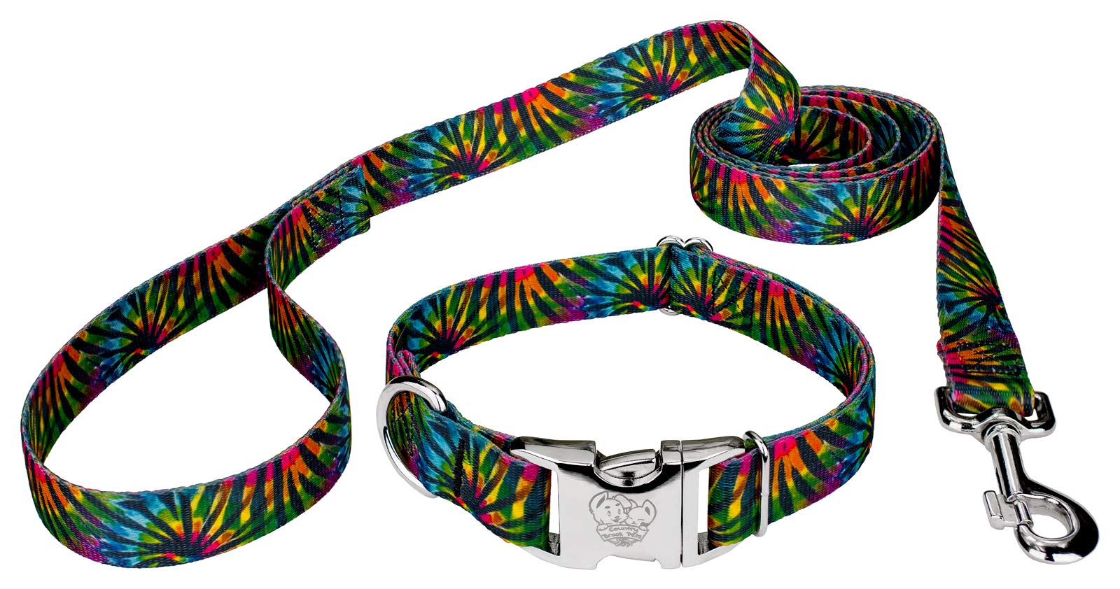 Country Brook Petz - Tie Dye Stripes Premium Dog Collar And Leash Set - Groovy Collection With 5 Far Out Designs (1 Inch, Medium