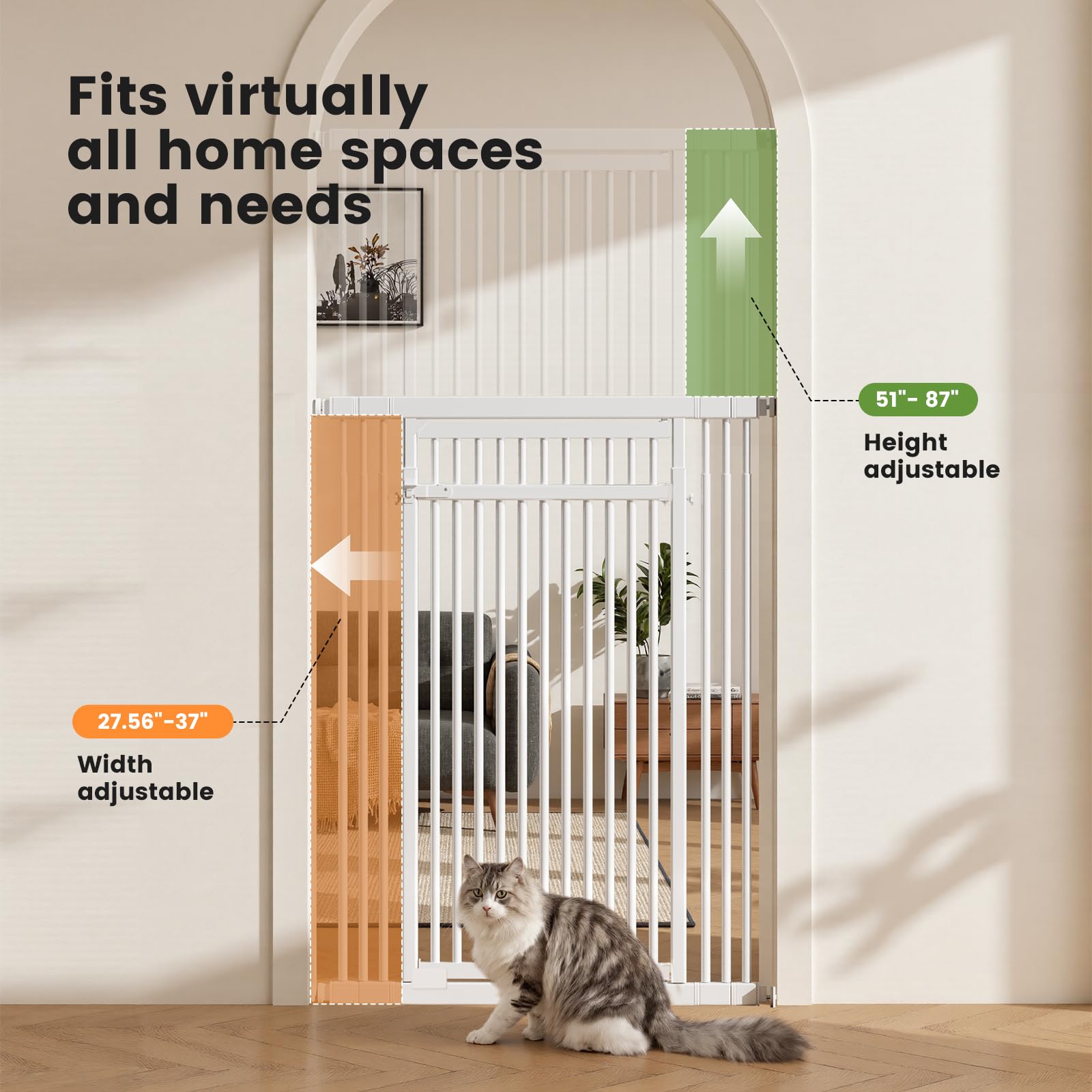 Gardner Pet 51 -87  Extra Tall Cat Gate for Doorway, Wide Adjustable 27.56 -37  Baby Gate Included 4 Extension Kits, Pressure Mo