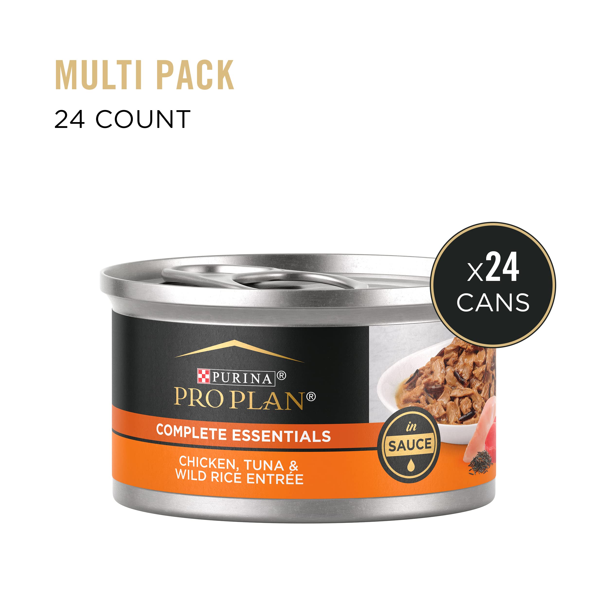 Purina Pro Plan Gravy Wet Cat Food, Chicken, Tuna & Wild Rice, (24) 3 oz. Cans, COMPLETE ESSENTIALS, Model 038100170231