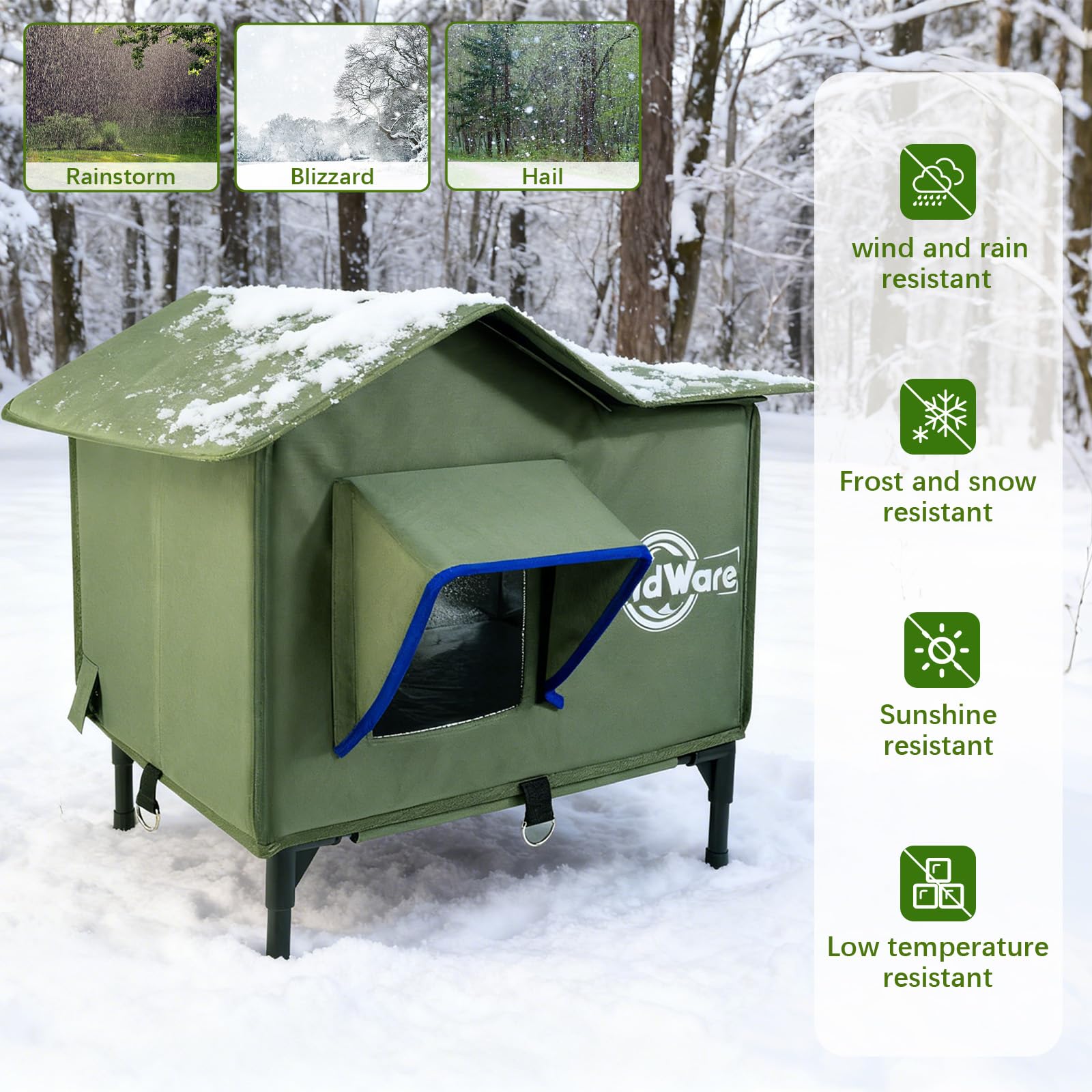 TENDWARE Outdoor Cat House Heated Cat House for Outside with Elevated Base Cat-Attracting Eave Design Feral Stray Shelter Weathe