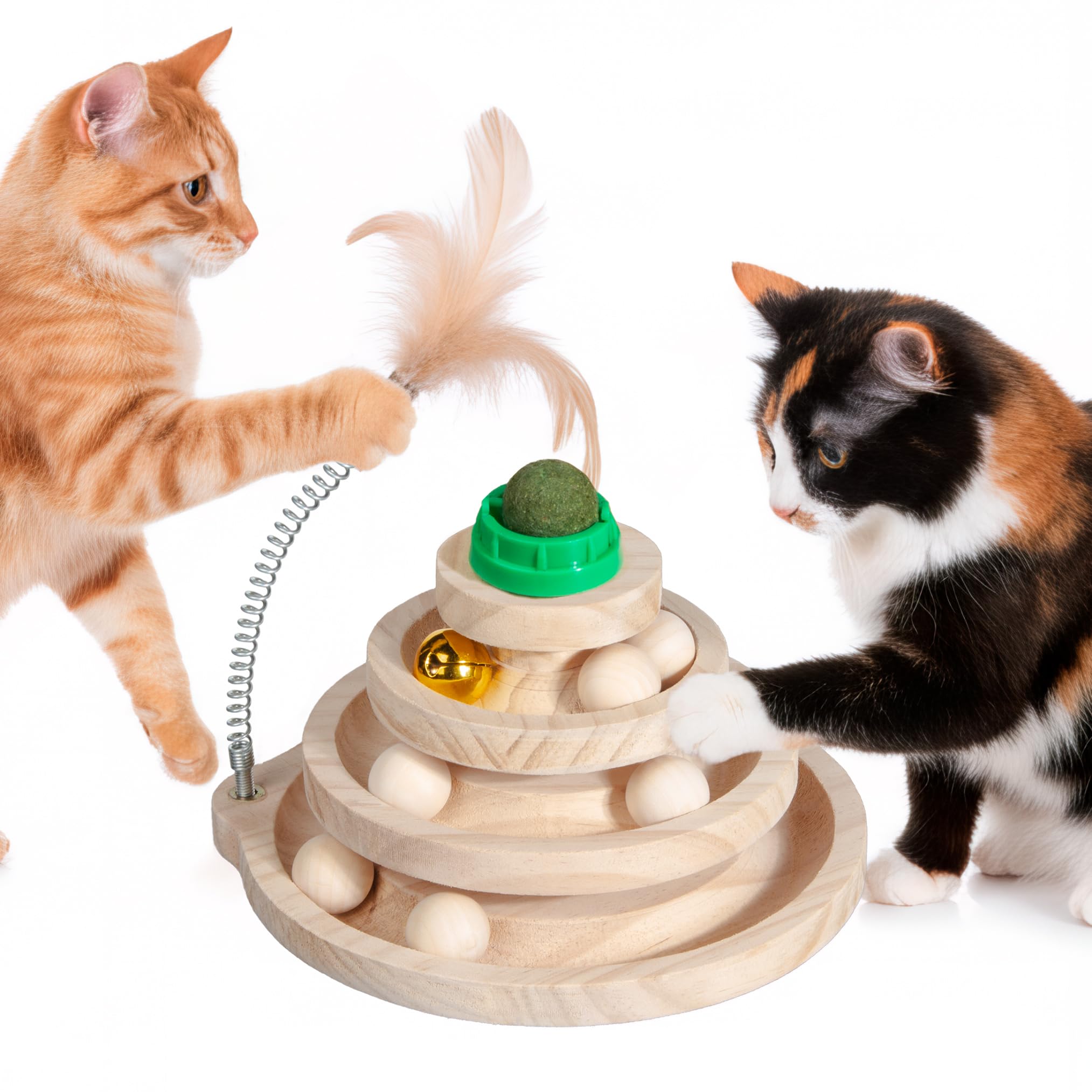 Fantasreen Wooden Cat Track Toy with Large Catnip Ball, Metal Bell Ball, 3-Level Interactive Tower for Indoor Cats, No Paint Saf
