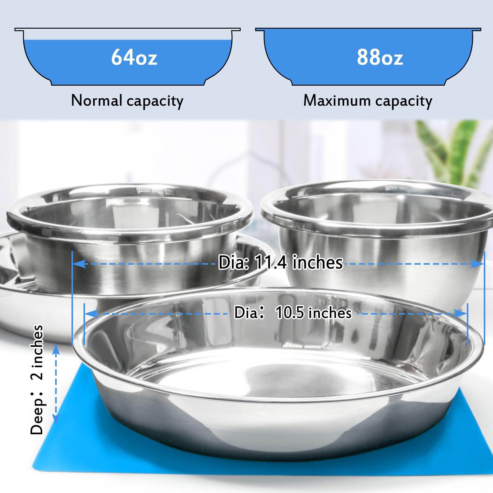 Shallow Dog Food Bowls, Non Slip Food Grade Stainless Steel Bowls for Large Dogs - 8 Cups / 2 Quart (2 Pcs)