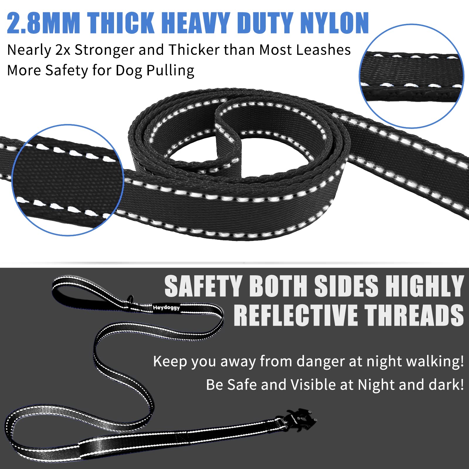 Strong Heavy Duty Dog Leash - 6Ft Reflective Nylon Training Leash With Soft Padded Double Handle & Auto Lock Frog Clip - Safety Traffic Control For Large Medium Small Dogs No Pull Walk Black Black,6Ft