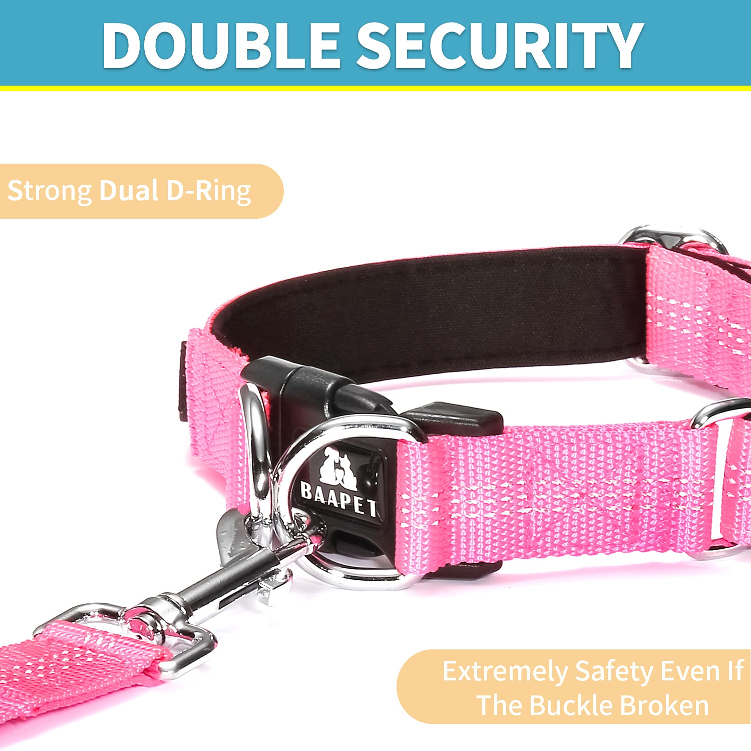 BAAPET Pink Dog Collar for Small to Large Dogs, XS - 3/4 x (9-13), Double Security Dual D-Ring with ID Tag Hanger