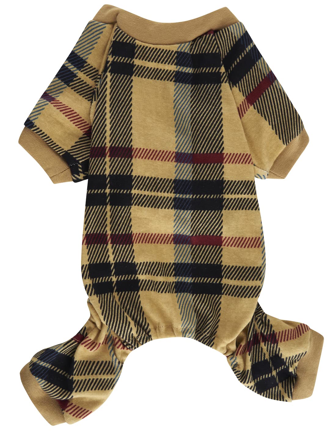 Beige Buffalo Plaid Christmas Clothes For Dogs Pajamas Onesie Pjs, Back Length 20' Large