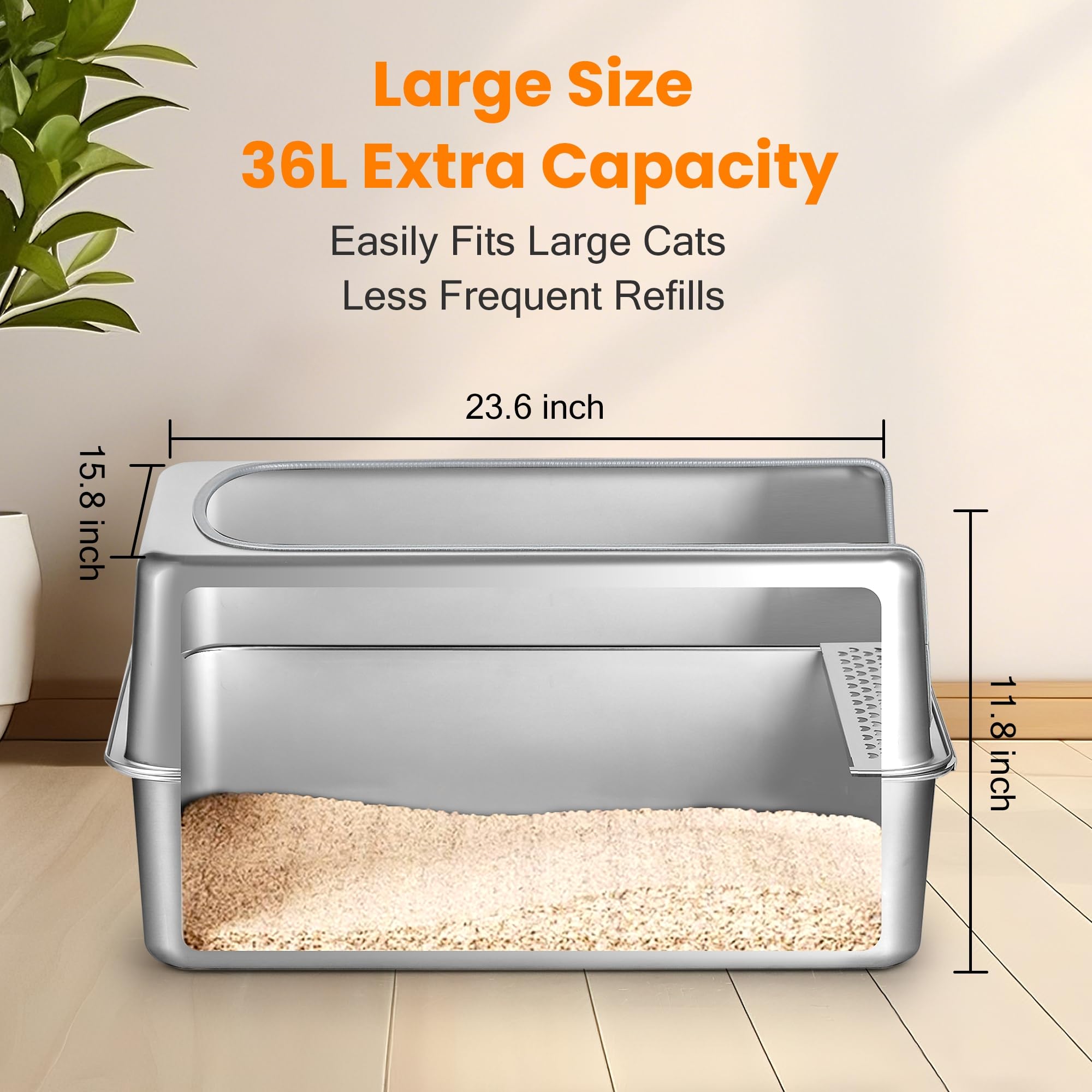 Aothey Stainless Steel Litter Box - XL Enclosed Metal Design, Rust-Resistant, Easy to Clean, Silver