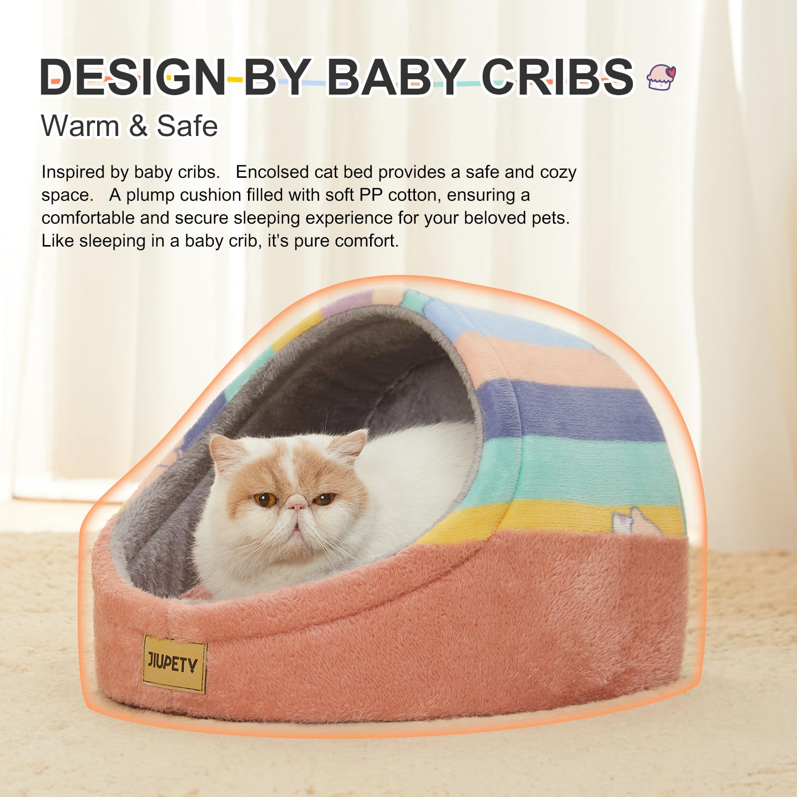 Jiupety Cat Cave Bed for Indoor Cats, Medium Rainbow Cotton with Washable Cushion