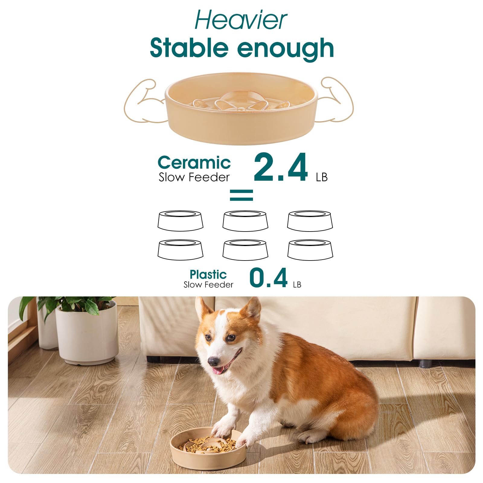 vancasso Slow Feeder Dog Bowl, 1.5 Cups Ceramic Slow Feeder for Medium Breed, Puzzle Maze Dog Food Bowl for Fast Eater, Khaki