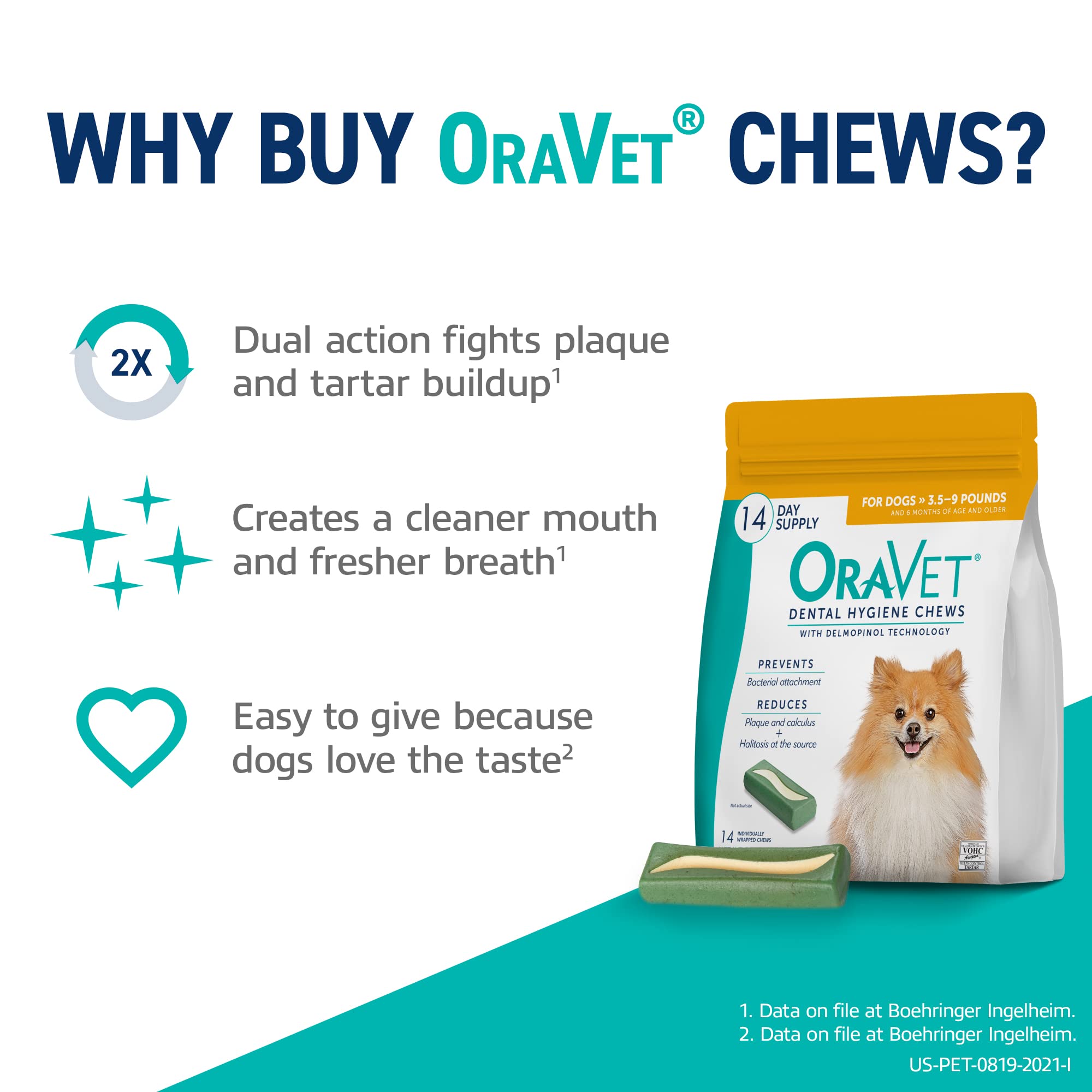 ORAVET Dental Chews for Dogs, Oral Care and Hygiene Chews (Extra Small Dogs, 3.5-9 lbs.) Yellow Pouch, 14 Count