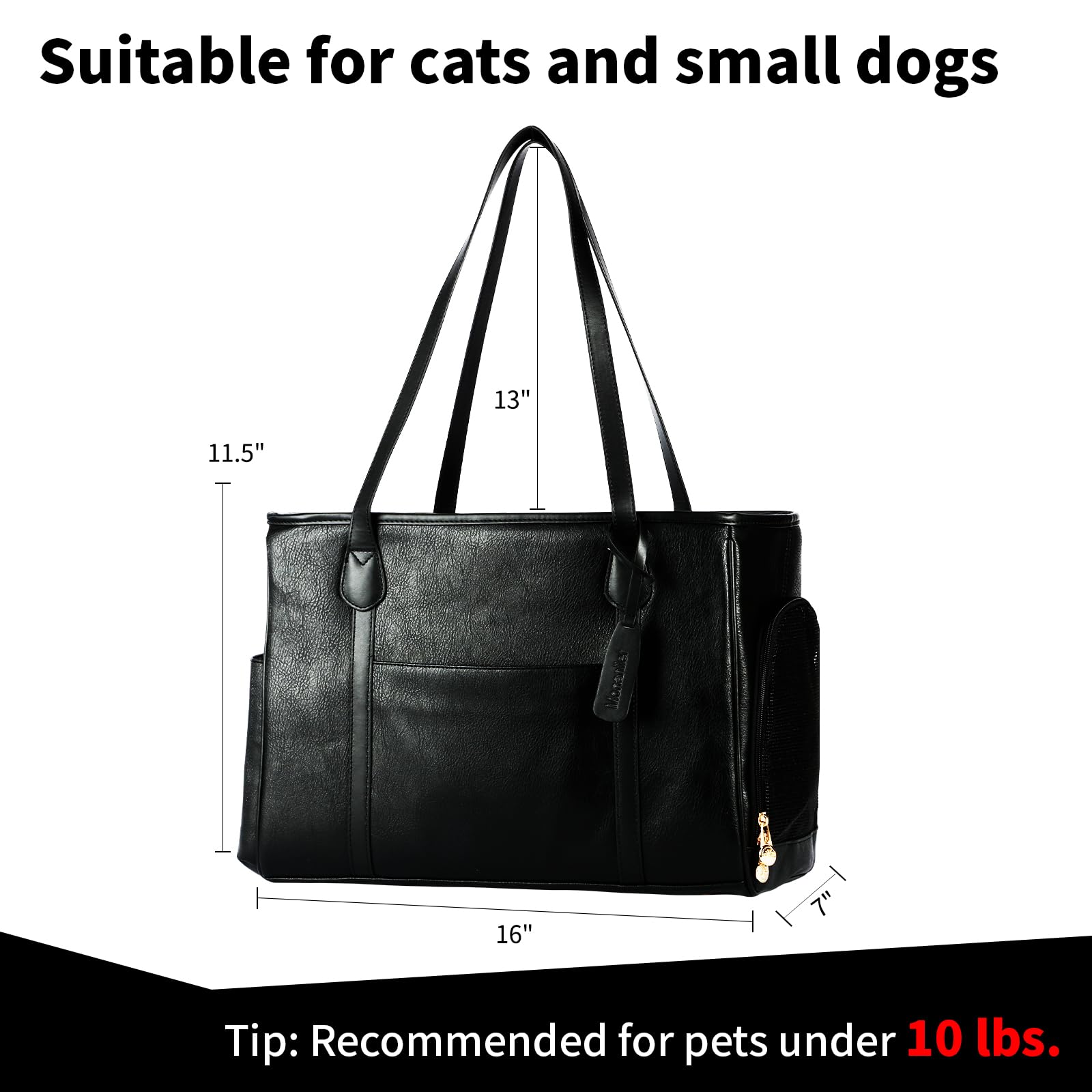 Monanller Stylish Dog Purse Carrier - Vegan Leather Pet Bag for Small Dogs, Airline Approved, 16”x7”x11.5”, Black, Model 01