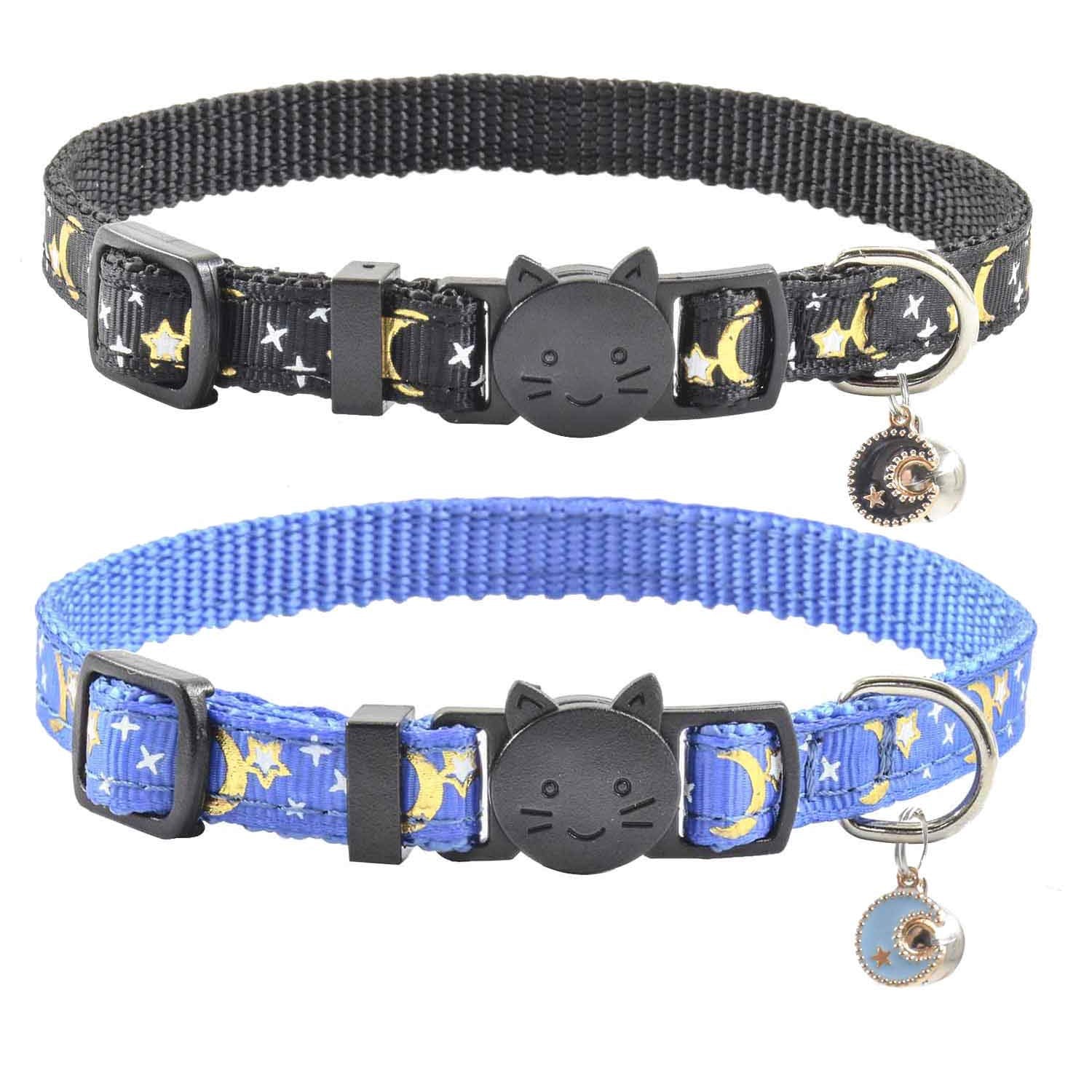 2 Pcs Breakaway Cat Collar With Bell, Cute Adjustable Kitten Collars With Accessories (Blue Black)