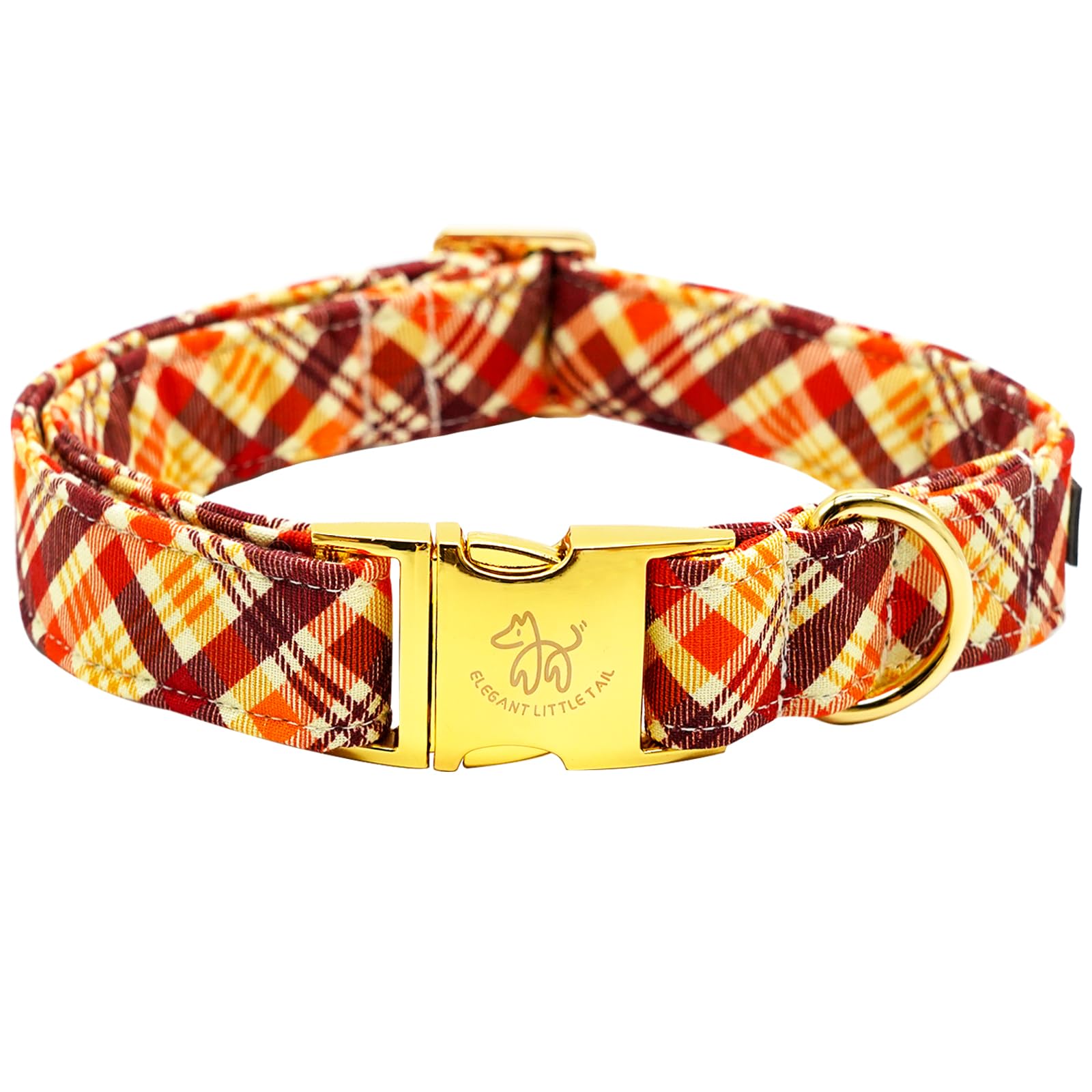 Elegant Little Tail Dog Collar - Fall Orange Plaid Pet Collar With Metal Buckle, Adjustable Cotton Collar For X-Large Dogs, Pupp
