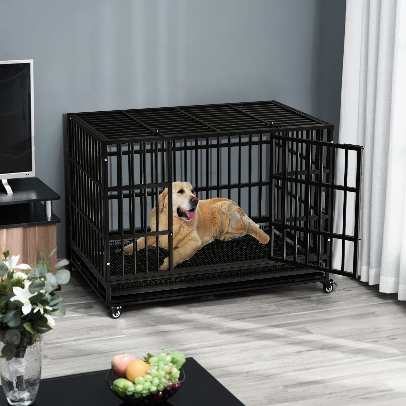 LEMBERI Heavy Duty Dog Crate - Indestructible Escape Proof Kennel, 48/38 Inch, Alloy Steel, Black, Double Door, Lockable Wheels