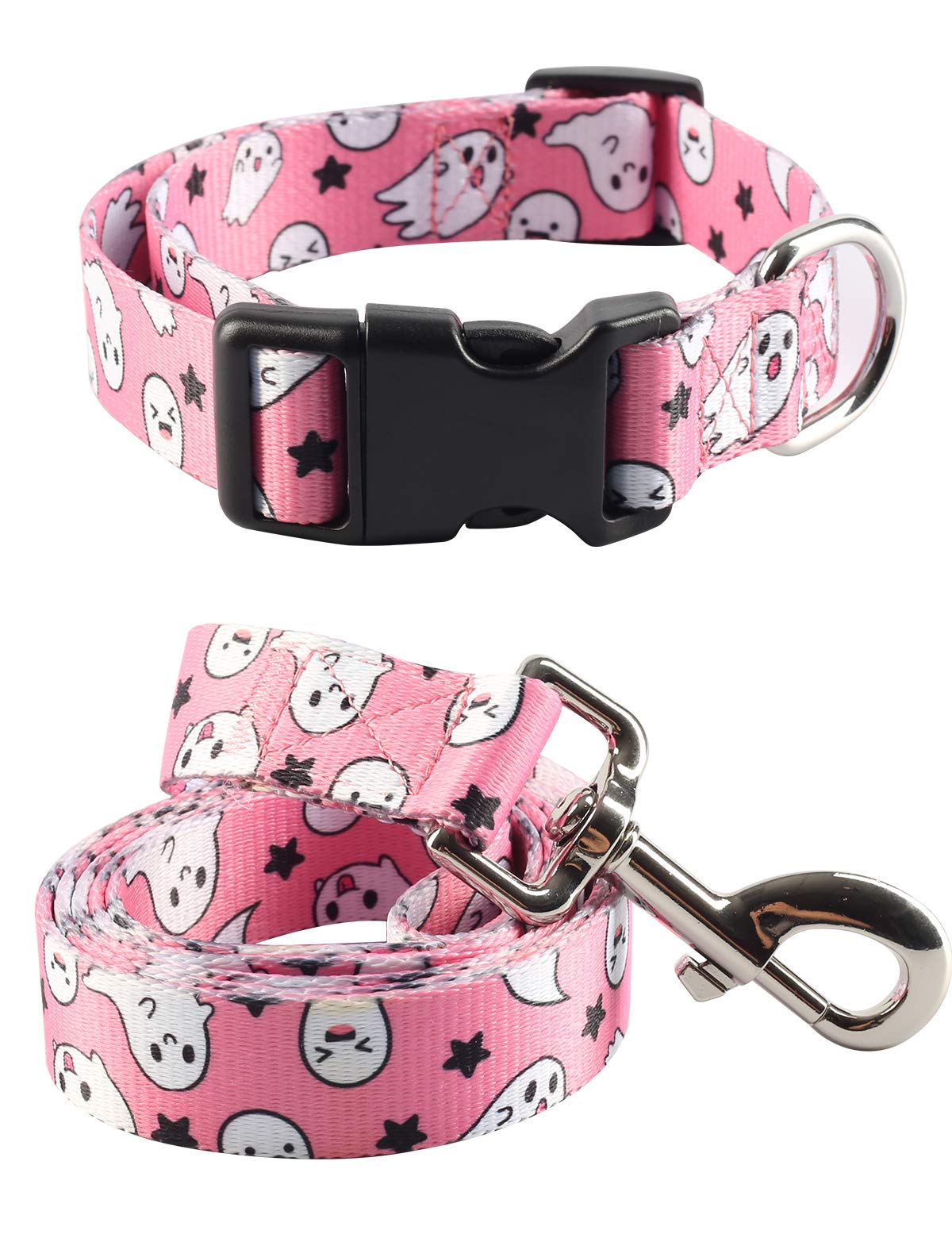 Impoosy2Pcs Dog Halloween Collar With Pet Ghost Leash Set Cat Gift Adjustable Dog Cute Collars For Small Medium Large Pets Dogs Cats (Large, Pink)