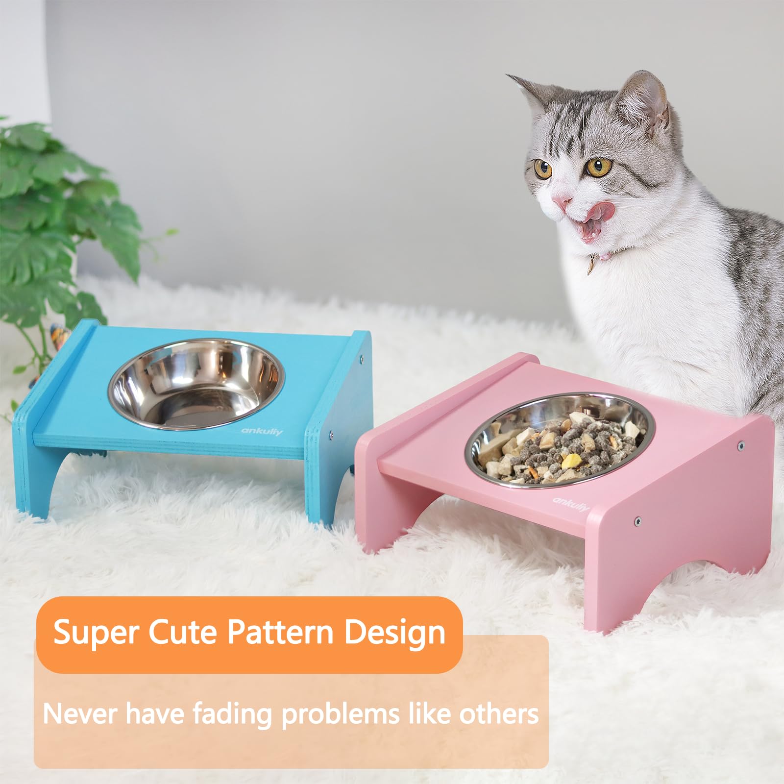 Elevated Cat Bowls,2 Stainless Steel Pet Food Water Feeder,15Tilted Raised Pet Dish, Slanted Dog Bowl with Wood Stand for Kitty