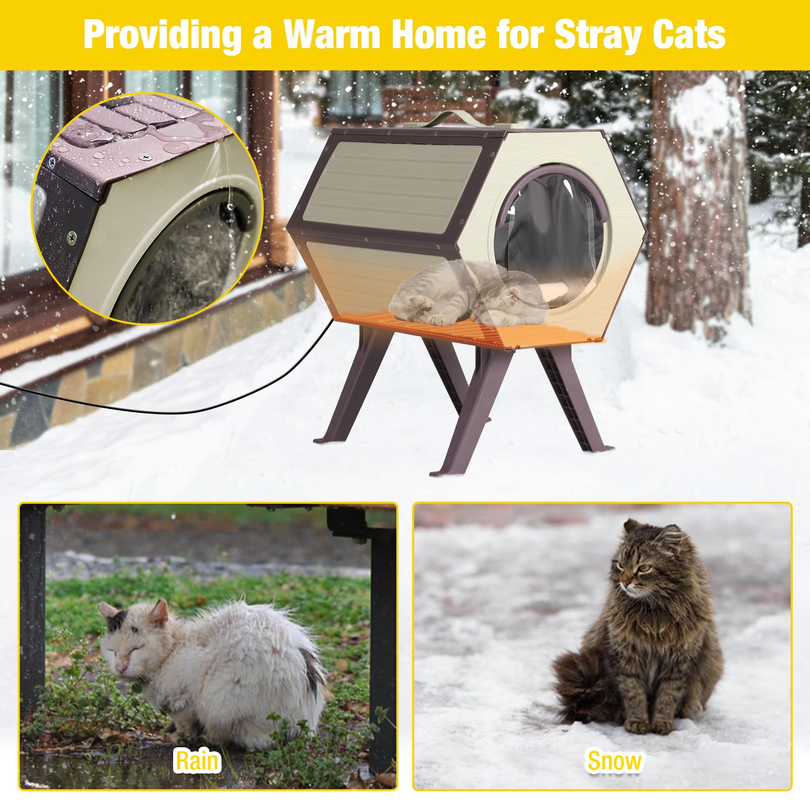 Heated Cat House For Outdoor Winter,Combined Cat Condo With Adjustable Temperature And Time, Insulated Outdoor Or Indoor Cat She