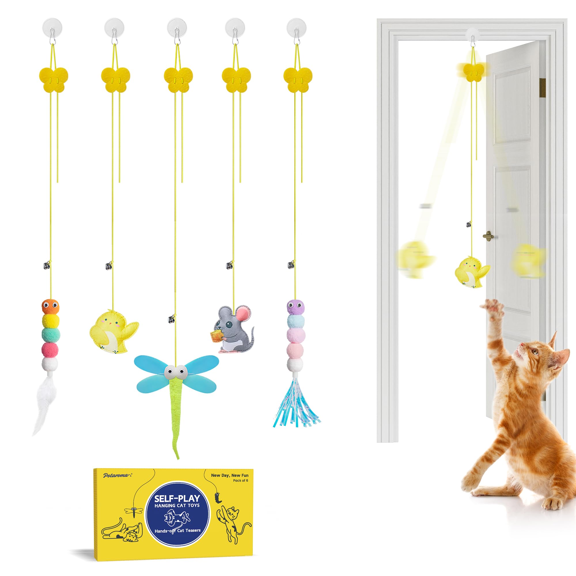 Potaroma Interactive Cat Feather Toys 5 Pcs, Cat Teaser Retractable Hanging Indoor Kitten Play Chase Exercise, Mental Physical S