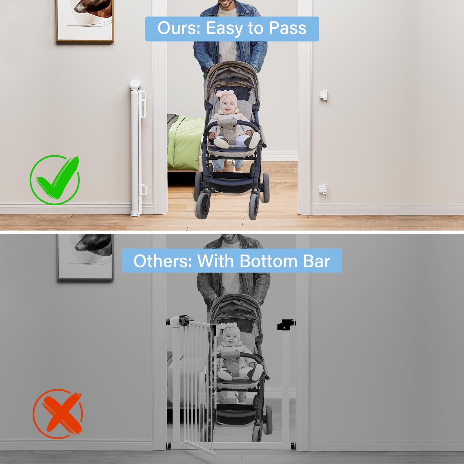 Probebi Retractable Baby & Dog Gate - Extends To 54' Wide, 34' Tall - Stair, Doorway & Hallway Use