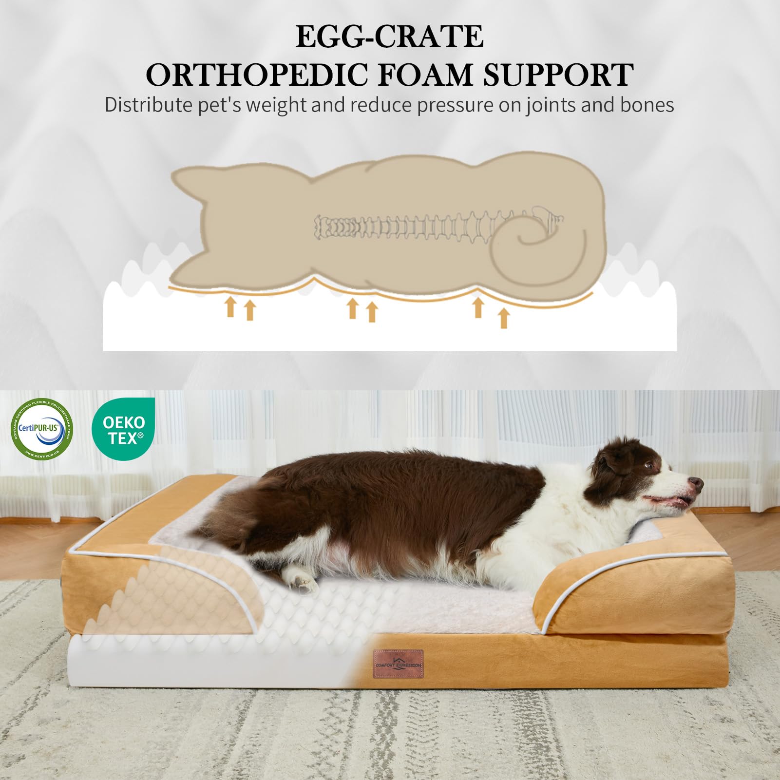 Comfort Expression Extra Large Dog Beds, Xl Dog Beds Waterproof, Orthopedic Dog Bed With Bolster, Washable Dog Bed Sofa Pet Bed With Removable Cover & Non-Slip Bottom(X-Large,Khaki)