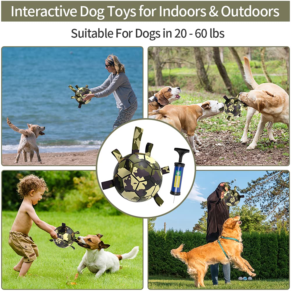 Qdan Dog Toys Soccer Ball, Interactive Dog Toys For Tug Of War, Dog Tug Toy, Dog Water Toy, Durable Dog Balls For Medium & Large Dogs-Camouflage(8 Inch)
