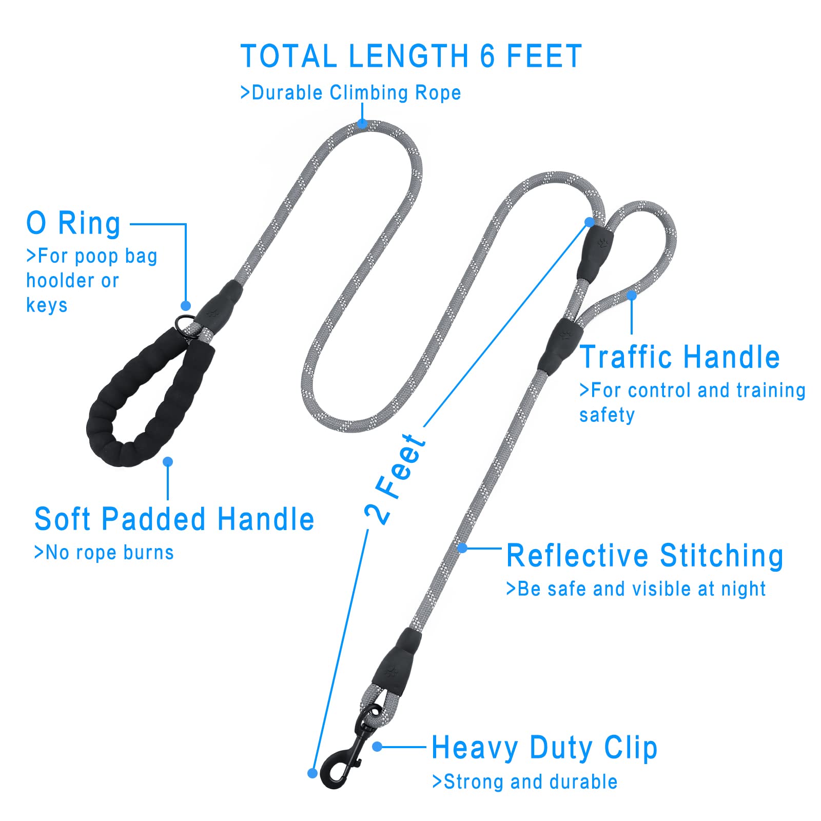 Plutus Pet Rope Dog Leash 6Ft Long, Heavy Duty,Reflective Double Handle Leash For Safety Training, For Medium Large Dogs, Dual H