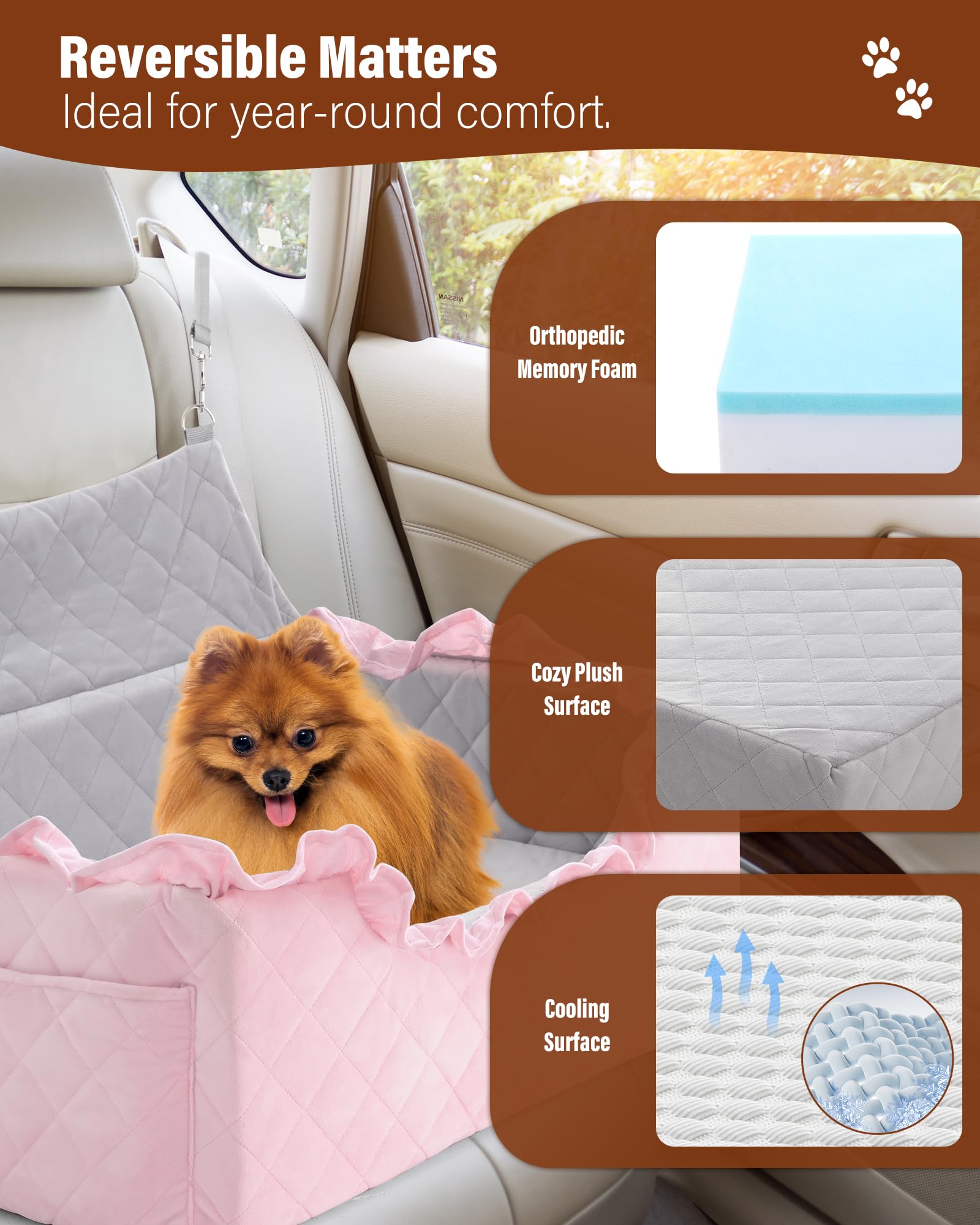 Dog Car Seat for Large Medium Dogs Under 55 lbs, Dog Booster Seat for 2 Small Dogs, Detachable Washable Pet Travel Bed with Thic