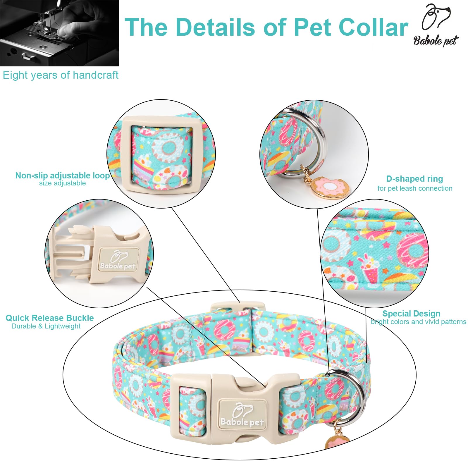 Babole Pet Adjustable Summer Dog Collar, Cute Mint Dessert Dog Collars For Large Dogs, Lightweight Quick-Release Buckle Collar F