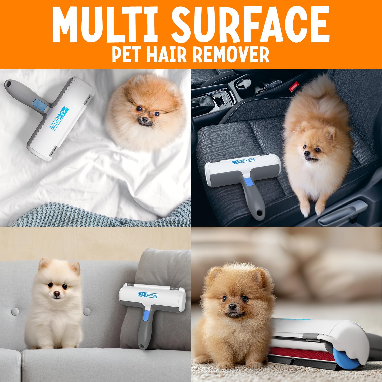 Triton Pet Hair Remover - Easy-to-Use Tool for Cats & Dogs - Compact, Gray/White - Reusable with Fur Trapping Compartment