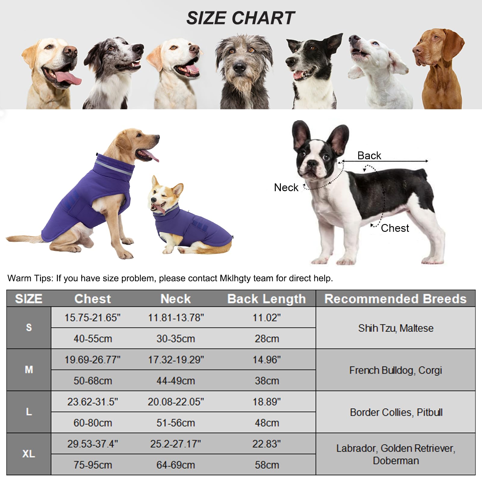 Mklhgty Dog Coat - Waterproof & Windproof Winter Jacket For Small To Large Dogs, Reflective Turtleneck With Adjustable Sizes