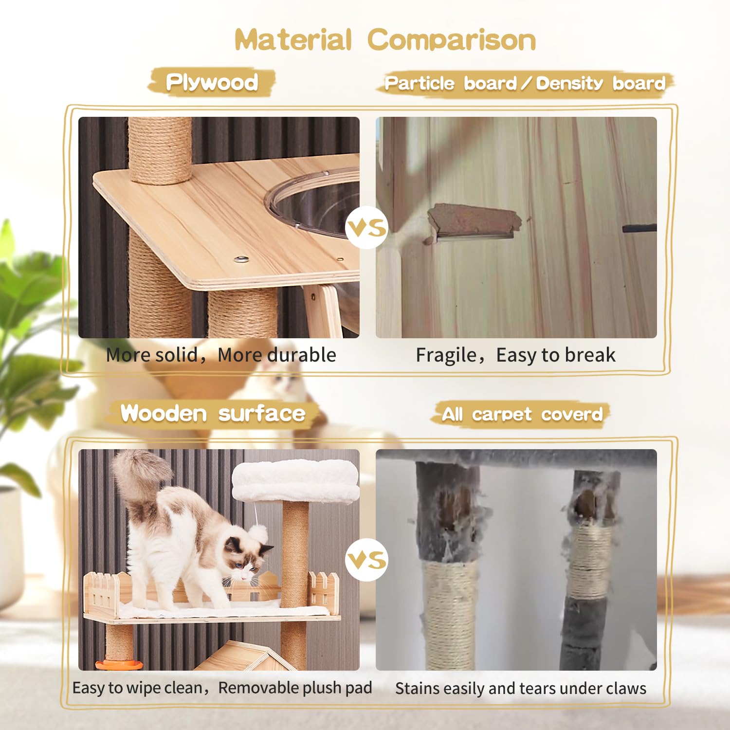 Elegaif Cat Tree Tower, 60.7" Wooden Cat Condo with Sisal Scratching Posts & Acrylic Hammock for Indoor Cats, Model B64