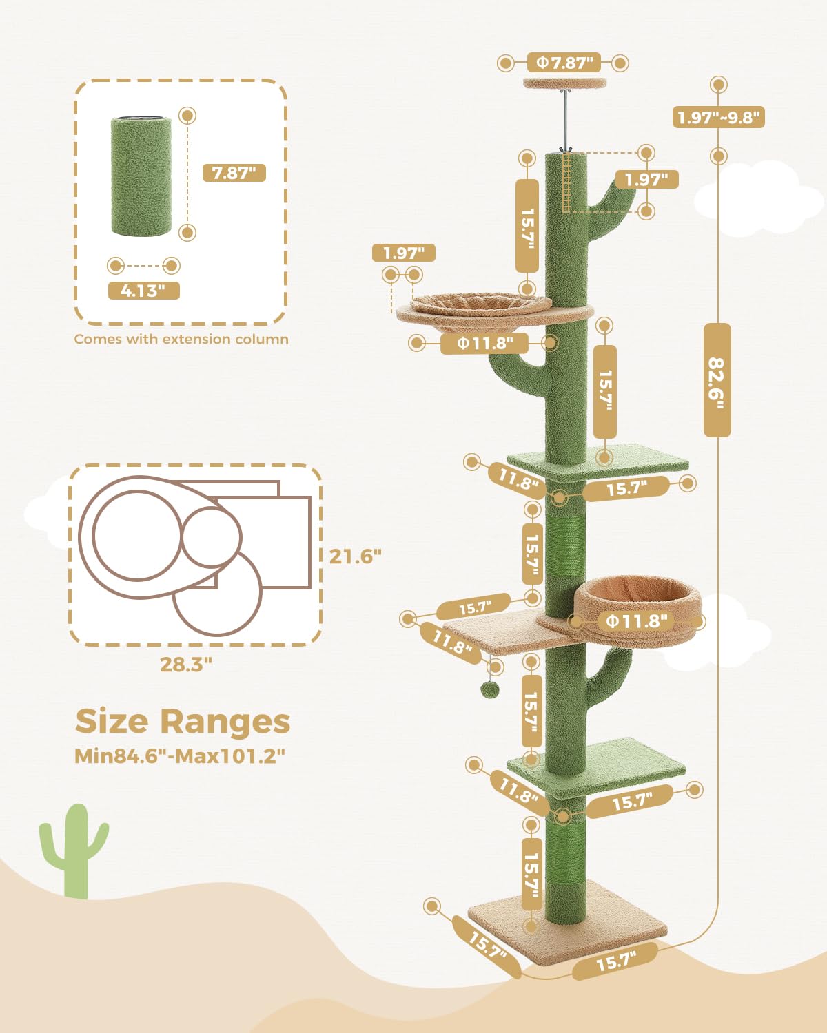 Pequlti Floor To Ceiling Cat Tree Adjustable Height (87''-100''), 5 Levels Cactus Cat Tower With Perch&Replaceable Hammock, 4.1'