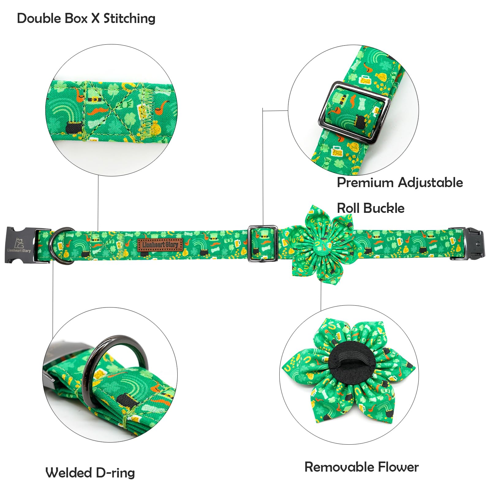 Lionheart Glory St. Patrick'S Day Collar With Flower Bows For X-Large Dogs, Green Lucky Clover Shamrock Collar