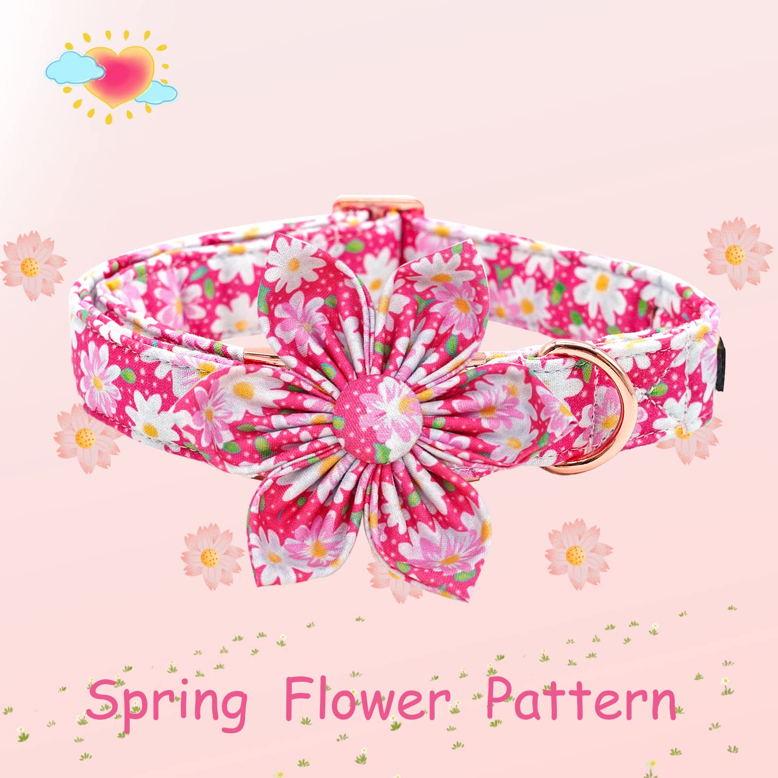 Elegant Little Tail Girl Dog Collar with Flowers - Pink Floral Pattern, Adjustable for X-Large Dogs