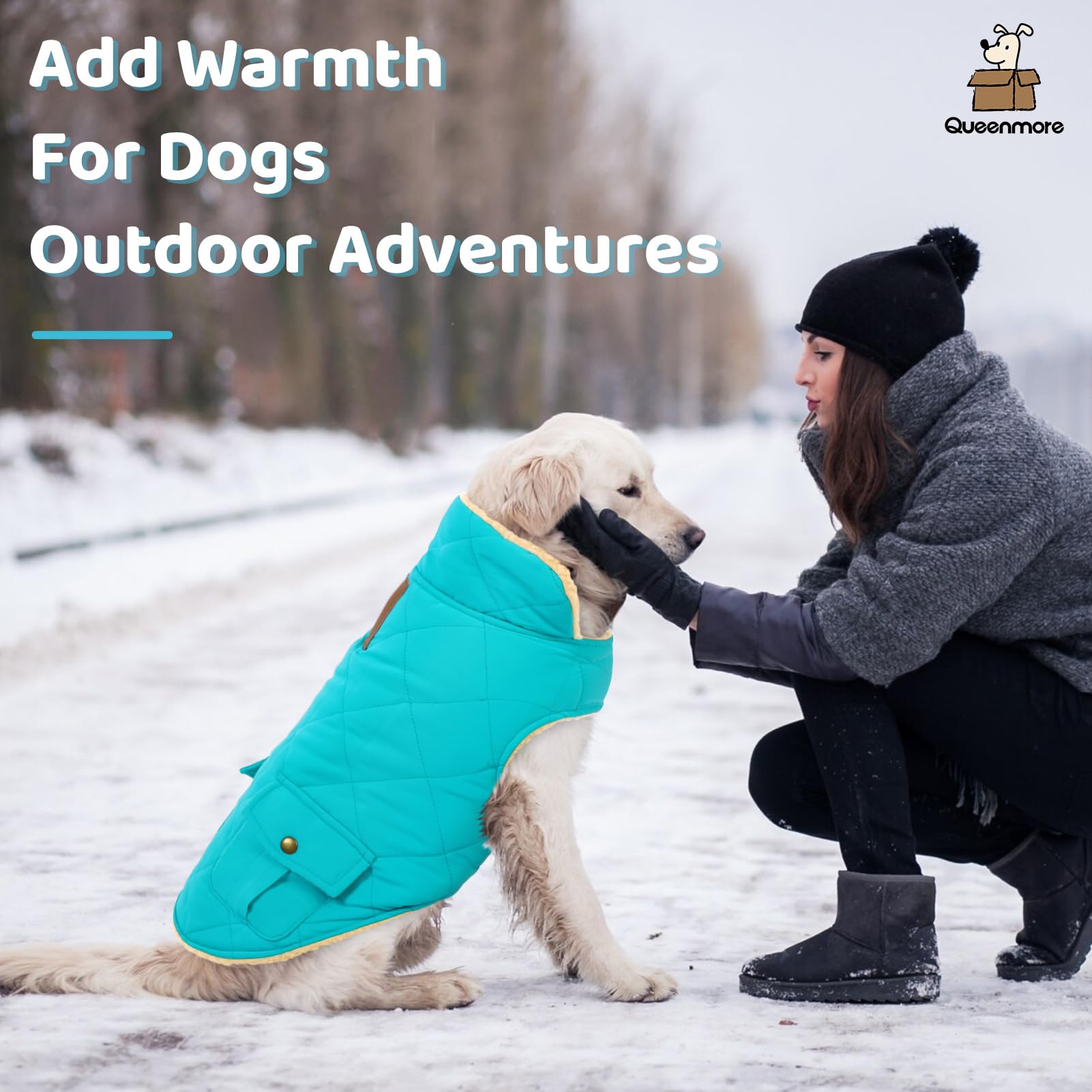 Queenmore Warm Puffer Dog Coat, Quilting Winter Jacket Ultra Thick Plush Fleece Lining Pet Clothes With Storage Pockets (Light B