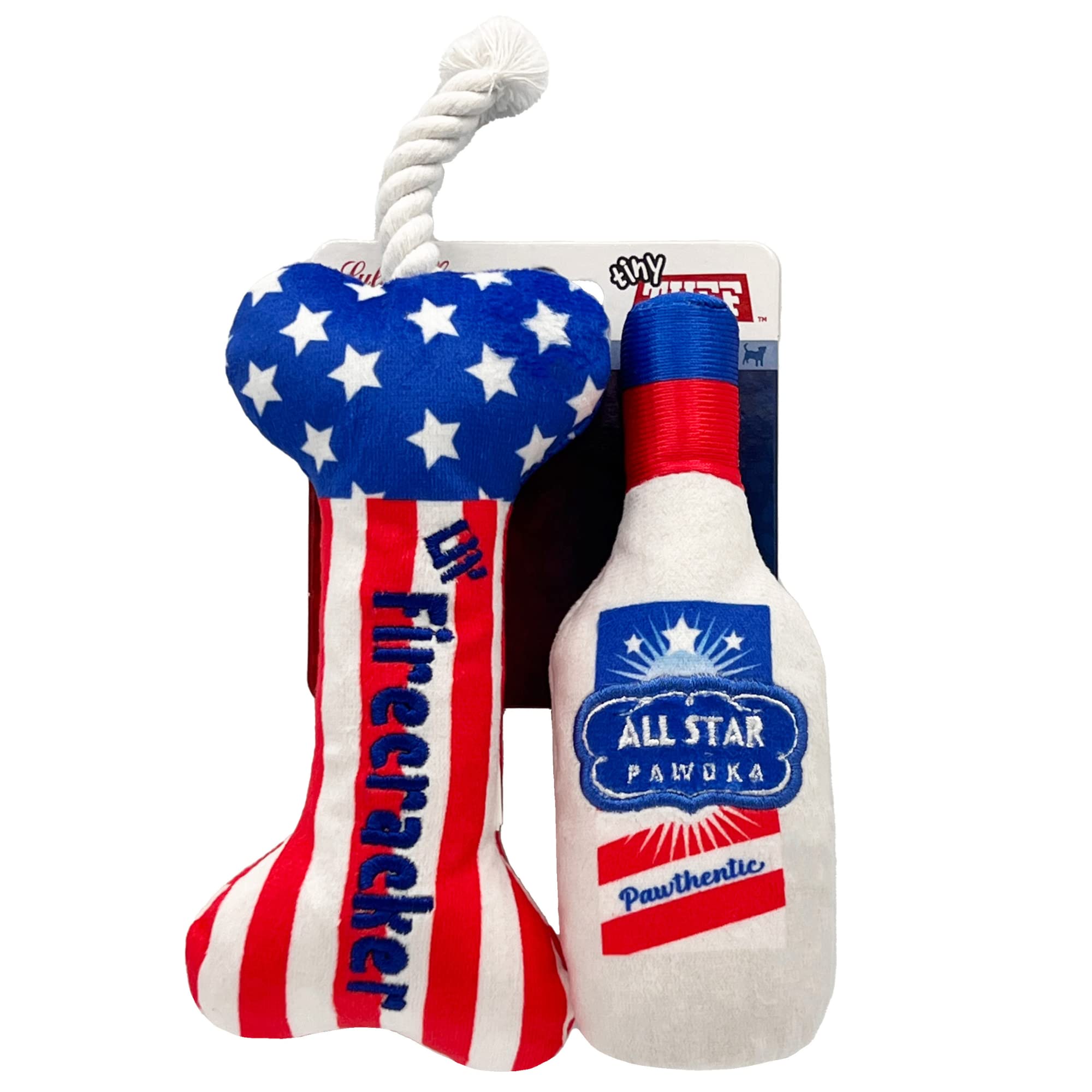 Huxley & Kent Tiny Tuff | Red, White, & Booze | Extra Tough Dog Toy For Small Dogs | 2-Pack Funny Dog Toy | Features Squeaker, C