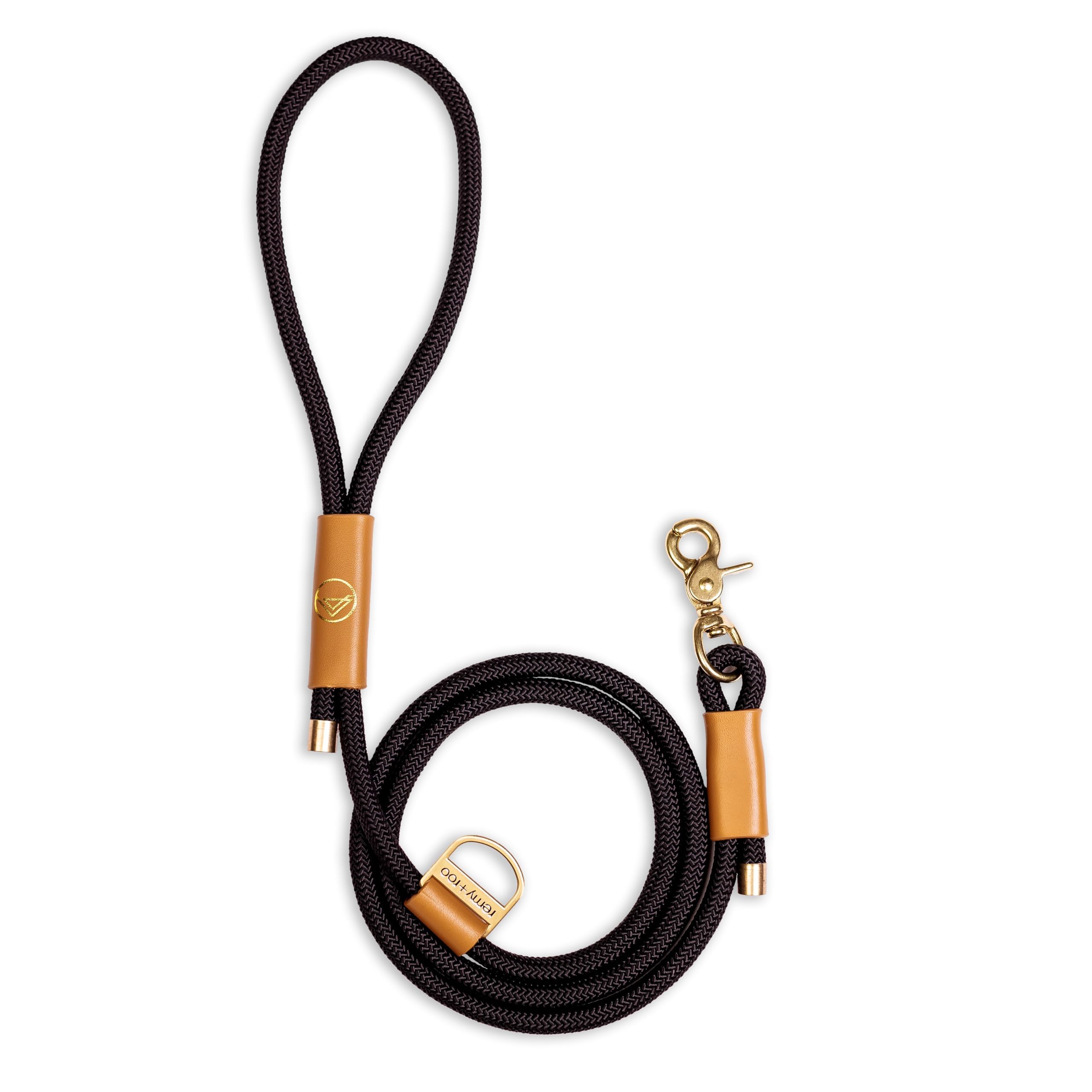 Remy+Roo Manhattan Black 5 Ft Heavy Duty Dog Leash | Custom Waste Bag Ring | Double Stitched Leather Dog Leash | Lobster Clasp | Brass Finishes | Strong Dog Leash For Large Medium And Small Dogs