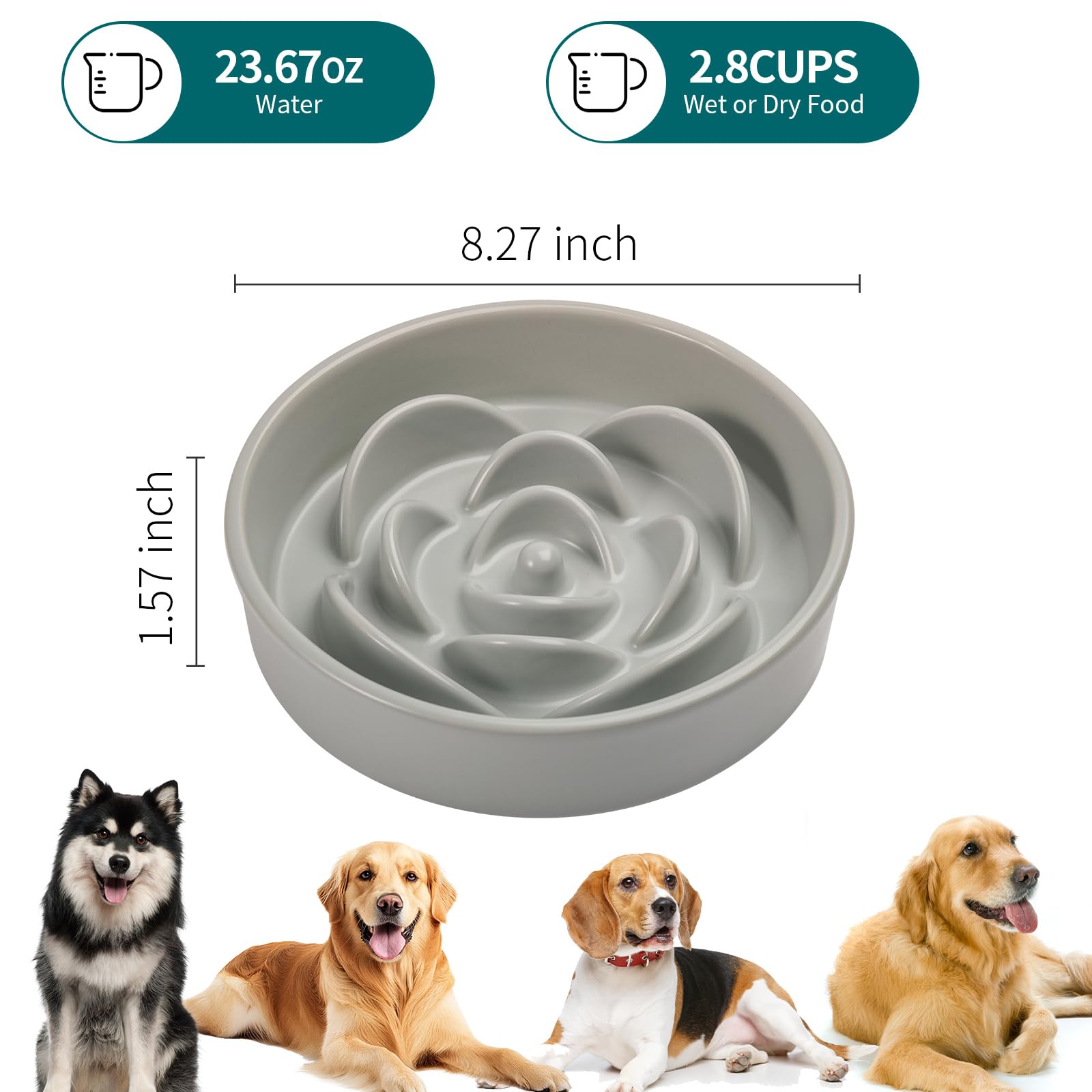 8.26 in Grey Dog Bowl Slow Feeder Ceramic for Medium and Large Breed,Pet Feeding Dog Food Water Dish Heavy Weighted,Puppy Bowl f