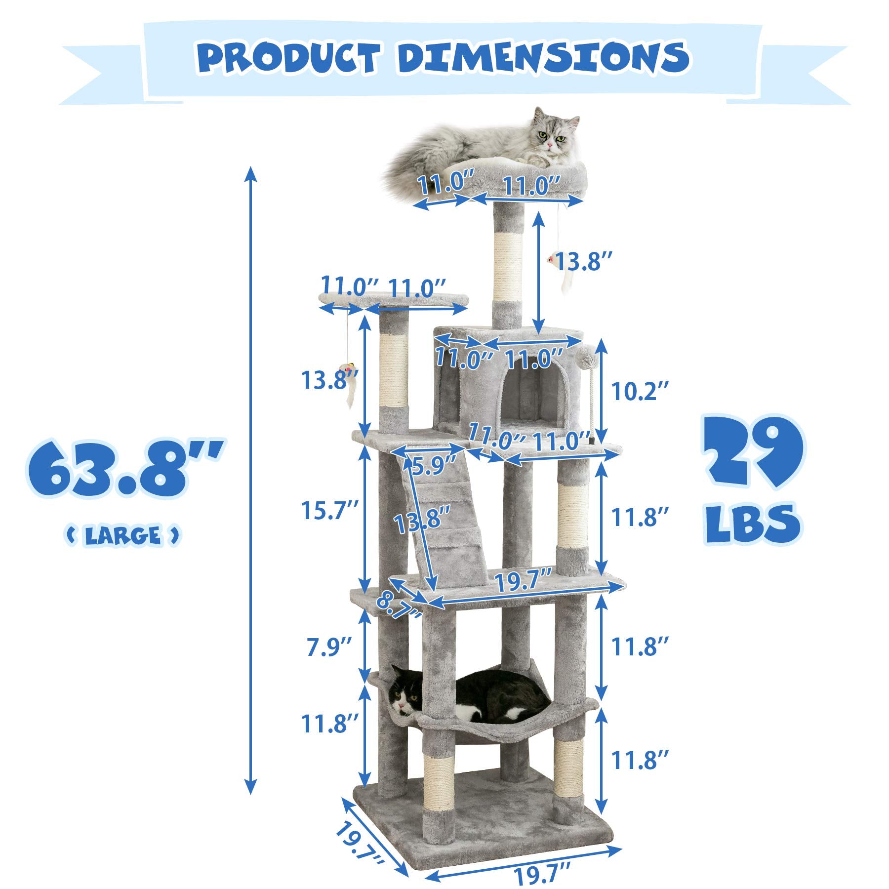 Mwpo 63.8 Inches Multi-Level Cat Tree For Large Cats With Sisal-Covered Scratching Posts, Padded Platform, Hammock And Condo,Stable Cat Tower Cat Condo Pet Play House-Light Gray
