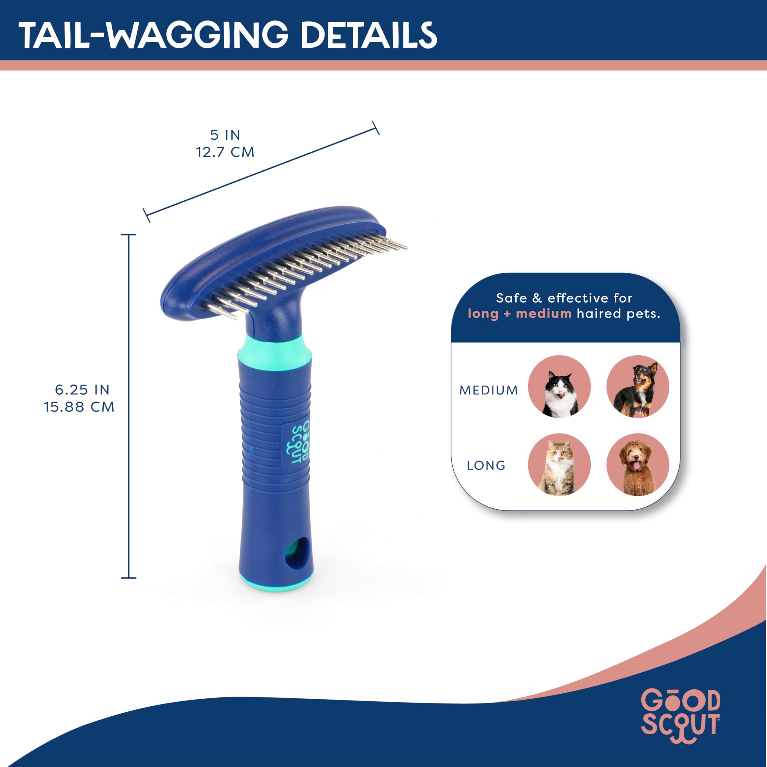 Good Scout Pet Hair Rake - Metal Grooming Tool for Dogs & Cats, Blue, Model 38027, Effective Deshedding for Short & Long Haired Animals