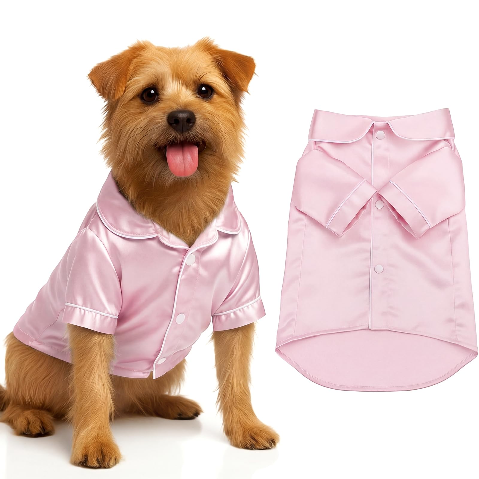 Cosblank Pet Silk Pajamas Shirts Dogs Satin Pjs Soft Faux Silk Lapel Two-Legged Puppy Sleepwear for Small Dogs Bridal Party(M,Pi