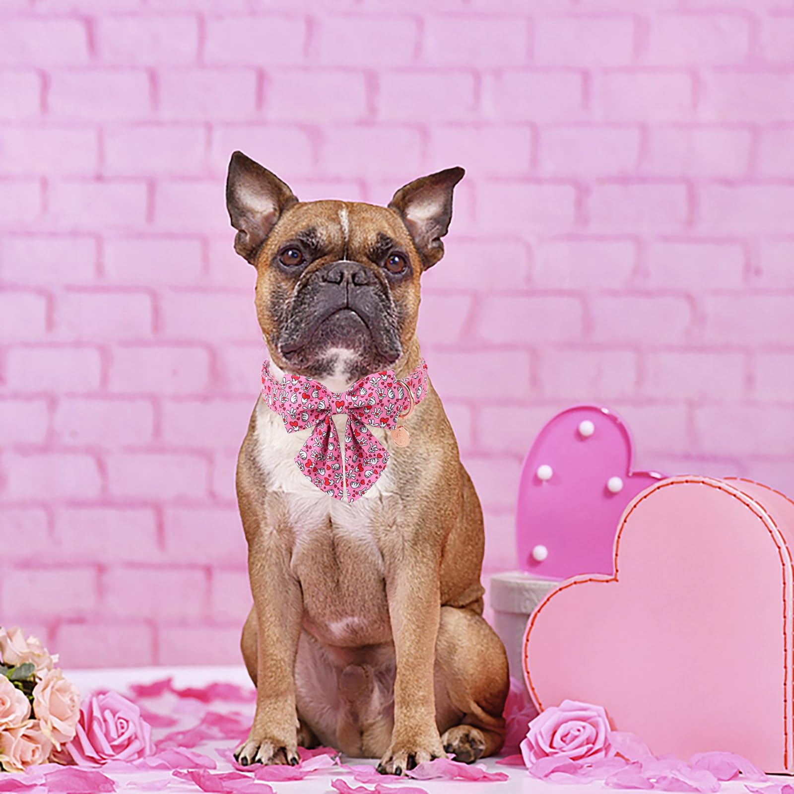 Dogwong Valentine Dog Collar With Bow, Pink Heart, Medium, Cotton, Durable Soft, Perfect Fit, Stylish Bowtie Design