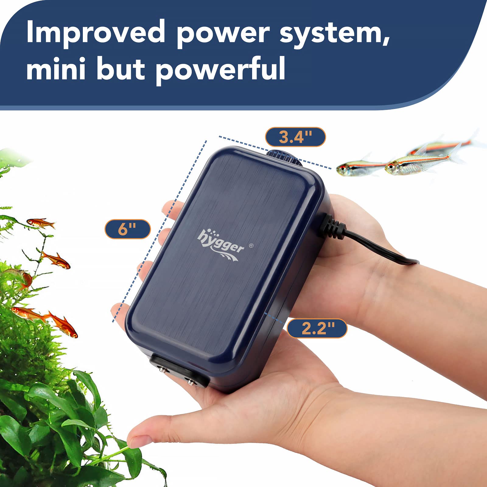 Hygger Aquarium Air Pump, Adjustable Oxygen Pump, Silent Powerful Aerator Pump 2W/3W/4.5W/6W/ 2 Air Outlets Ultra For Up To 70 G