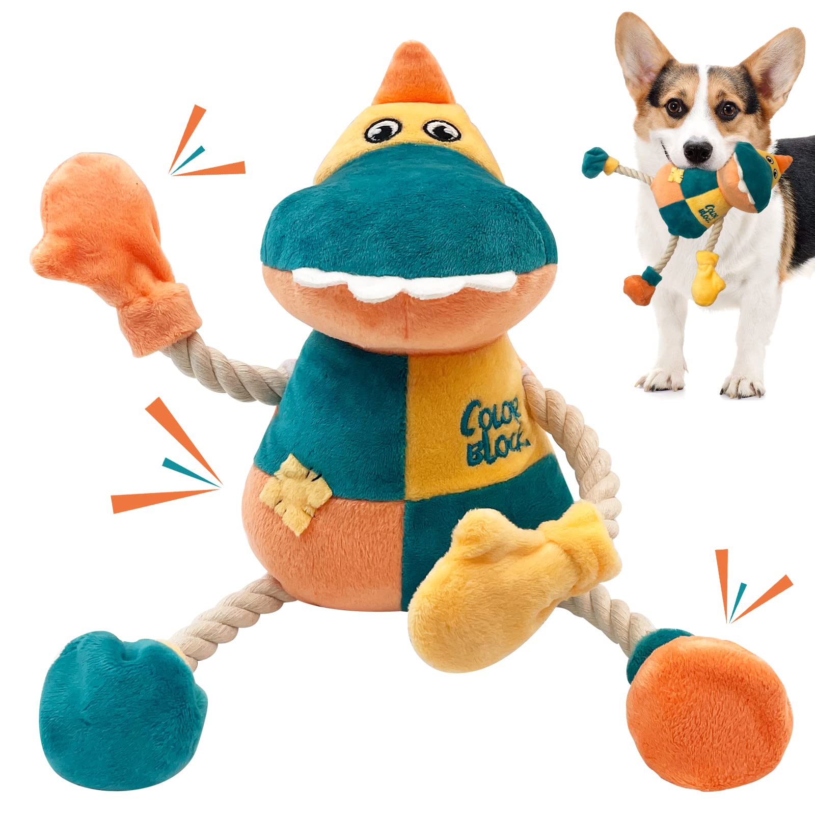 Lepawit Squeaky Dog Toys, Cute Dinosaur Plush Toy For Dogs Indoor Play, Interactive Dog Toys With Rope For Small And Medium Dogs