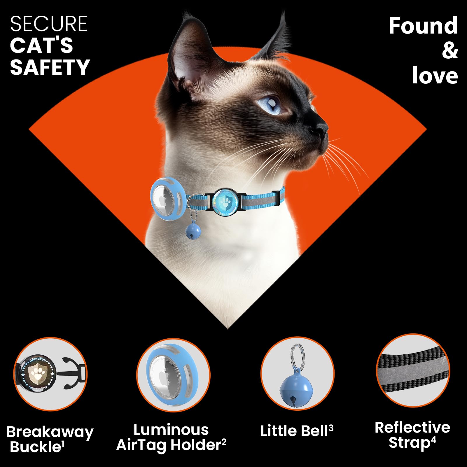Ilfindyou Airtag Cat Collar Breakaway, Reflective Cat Collars With Apple Airtag Holder, Adjustable Kitten Collar With Bells Blue