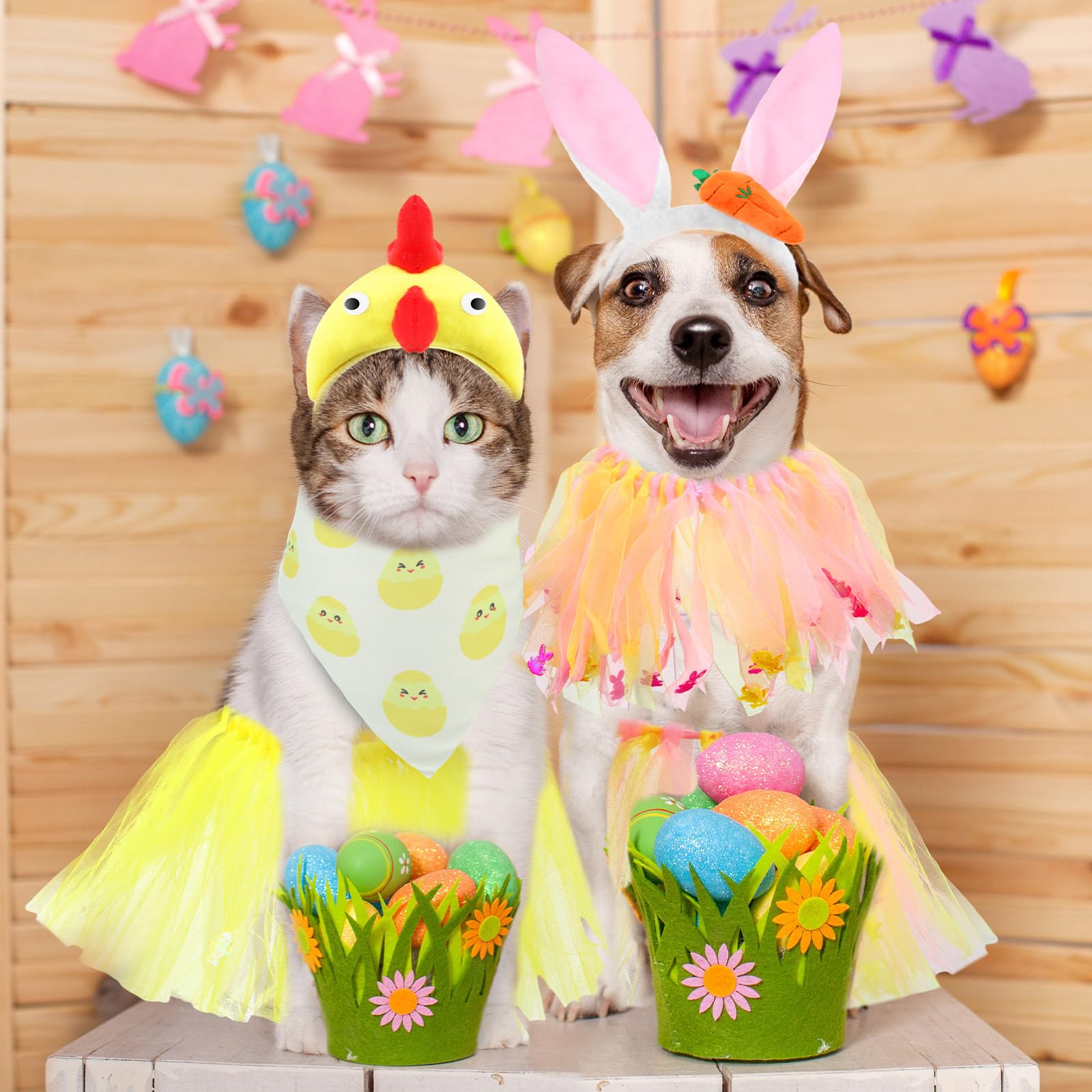 Huhumy 6 Pcs Adjustable Dog Easter Costumes Include Bunny Ears And Chick Headband Dog Bandana Easter Collar Tulle Tutu For Small